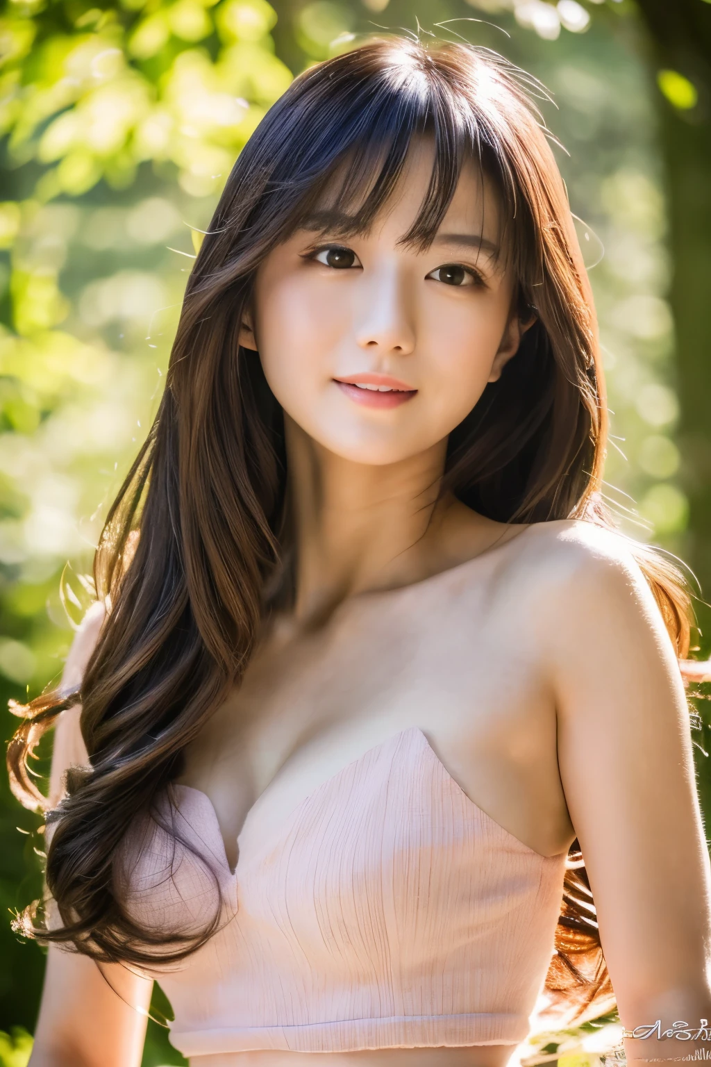 (best quality,highres,ultra-detailed),beautiful Japanese lady,naked, beautiful detailed lips,extremely detailed face,longeyelashes,soft smile,long hair,natural lighting,vivid colors, forest, Beautiful waistline
