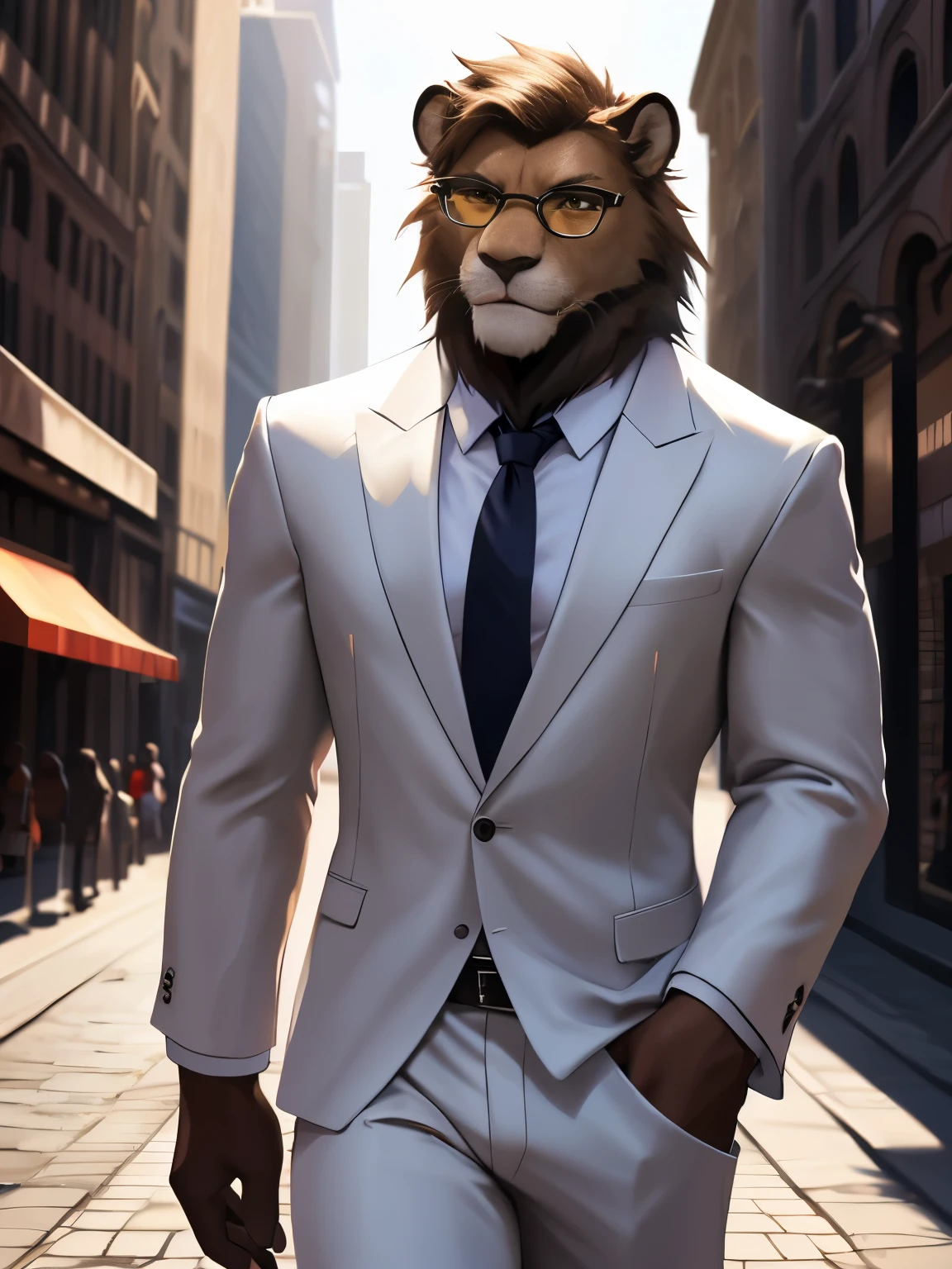 4k, ,8K, A high resolution, best quality, perfect colors, perfect shadows, perfect lighting, posted on e621, (by Chunie), male, furry, Lion anthro, White fur, solo, Yellow eyes, (Realistic eye details 1.2), In the middle of the city, Hitman wear, white suit, Red tie, sunglasses, Full body like, Slim body, abs, masterpiece, in a panoramic view, ultra detailed face, depth of field, motion blur, high details, high quality, award winning, HD, 16k, (best quality,4k,8k,highres,masterpiece:1.2),ultra-detailed,realistic:1.37,HDR,UHD,studio lighting,extreme detail description,professional,vivid colors,bokeh,lively atmosphere, natural lighting, smile, looking at viewer, (solo:1.2)