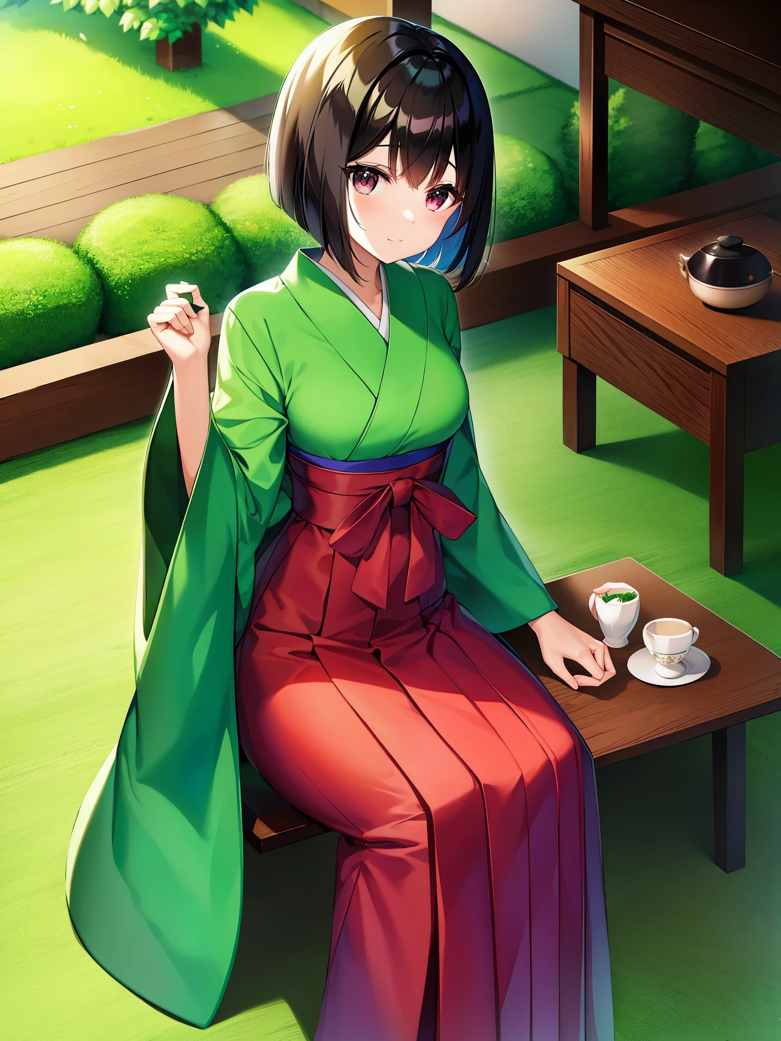 Pokémon、Tea ceremony room、Erica、solo、1 person、Green Tea 、soup ton、Tamamushi City gym leader、Grass type Pokemon user。black hair bob、colorful japanese clothes、colorful hakama、A girl who loves nature、A gentle personality with a ladylike tone、I fall asleep even before a match。
