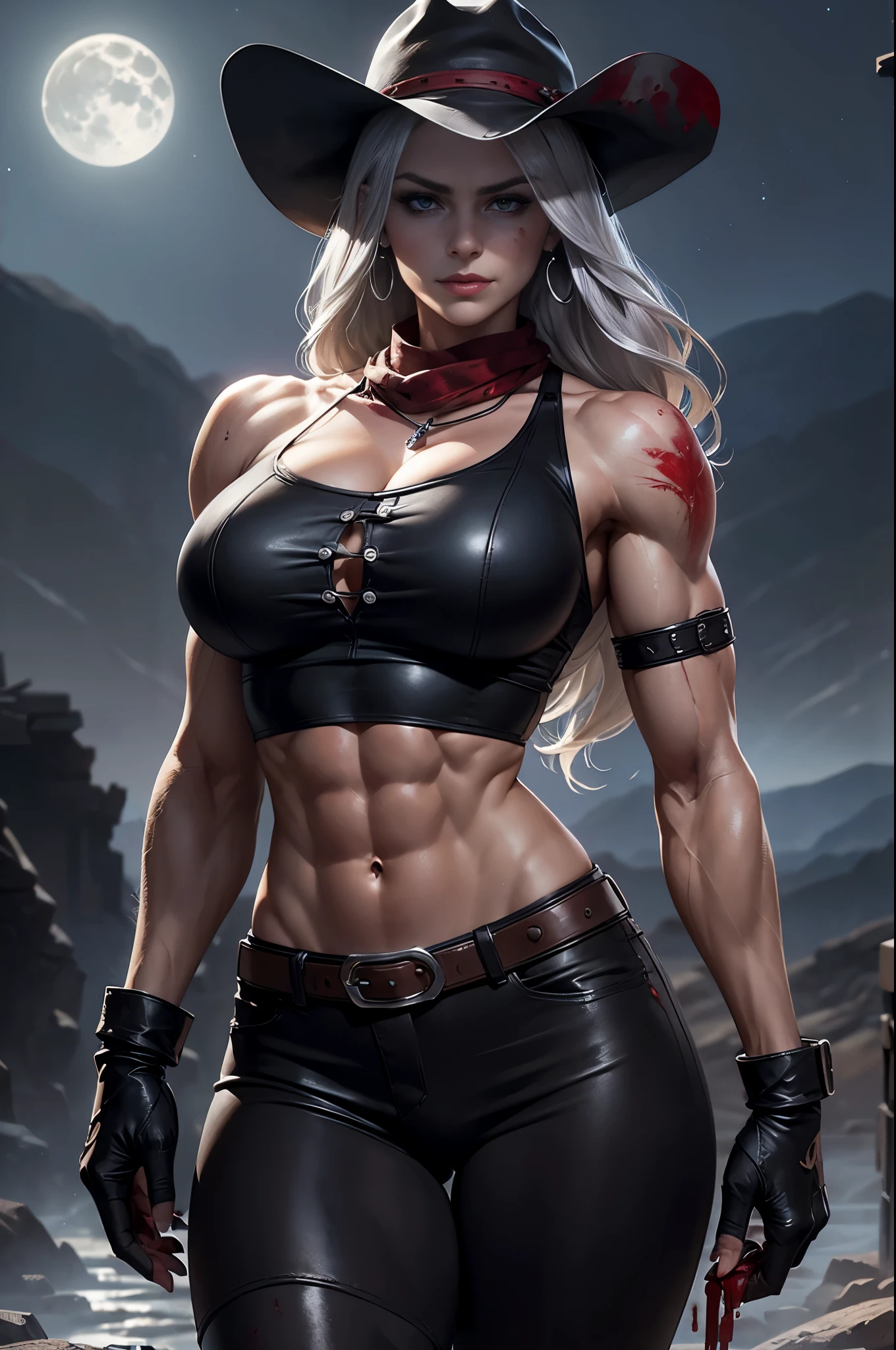 a gorgeous female warrior, mature, (small smirk, smirk), muscular, silver blonde hair, long hair, wavy hair, (biceps, triceps, six pack abs), (narrow waist, wide shoulders, narrow hips), slim,  ((statuesque, towering, tall, imposing)), (defined muscles, strong muscles), (silver top, button up shirt, cardigan, abs visible through clothes, sleeves), (huge breasts), earrings, jewelry, necklace, make up, long eyelashes, perfect eyes, perfect mouth, cowboy hat, perfect face, light grey eyes, piercing gaze, gorgeous eyes, (((blood on hands, blood on clothes, blood on breasts, blood on abs, blood on muscles, blood, lots of blood))) belt, (red scarf), covered mouth, sheriff, leather pants, blue tattoo on shoulder, perfect fingers, long fingers, no extra digits, long nails, middle,  (desolate land in the background, outdoors, at night, rocky landscape, wind,), ((at night, bandits in the distance, fire, stars, moon)), 