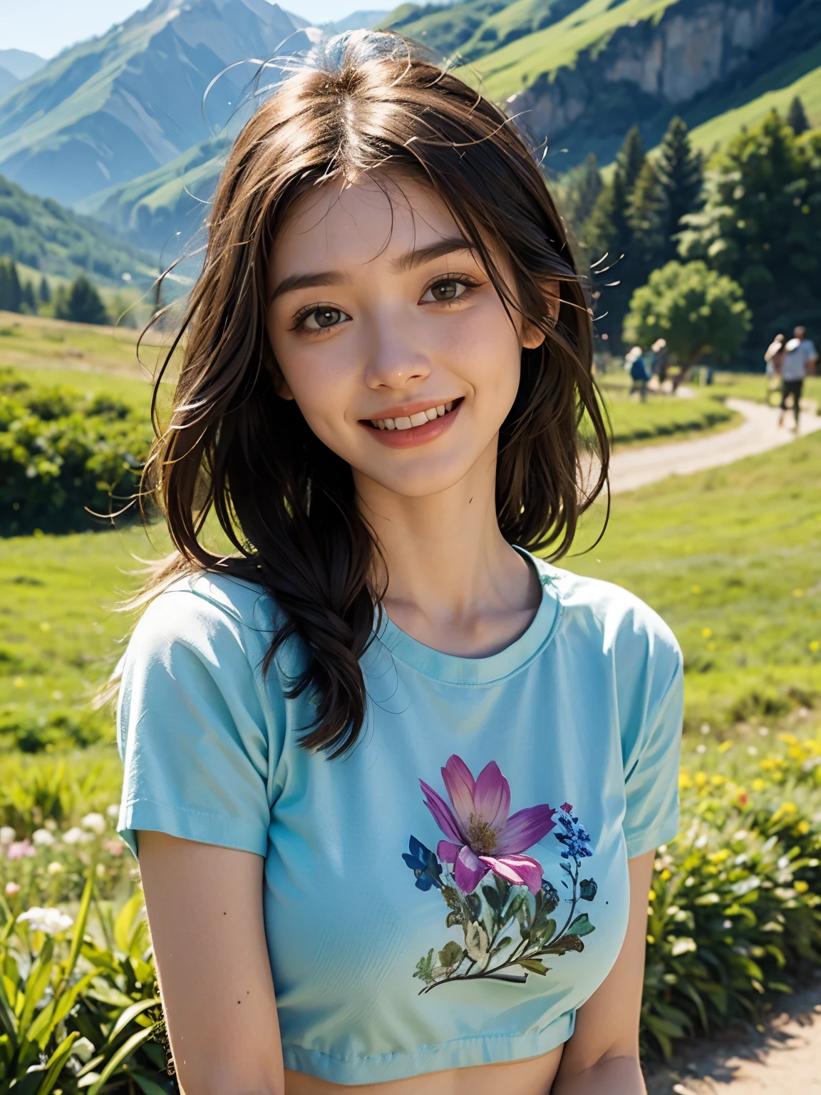 Smile, ideal tits, cropped t-shirts, grass mountain flower background