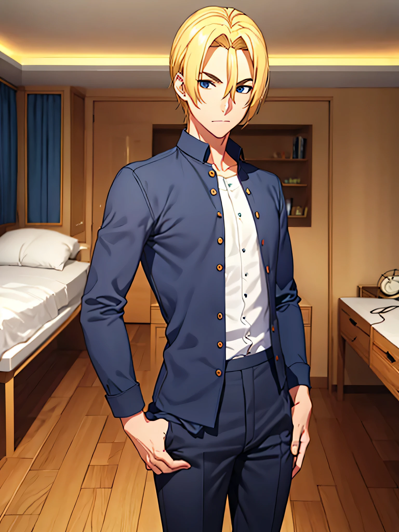 guy, blonde hair, navy blue long shirt, upperboddy, castle room