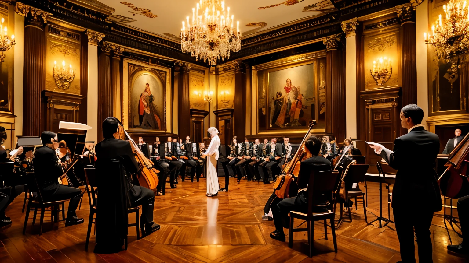 Fine Art, photo, classical orchestra performing in a grand room, formal traditional clothing, focused serious expressions, rich warm colors, grand room with wall paintings and wood paneling, realistic, high quality, symmetrical composition, centered, eye level, wide shot, front view, deep focus, soft ambient lighting, polished wood, oil paintings, modern staging of a historical setting, warm colors predominantly brown and gold, high saturation, medium to high luminance, classical music performance,
