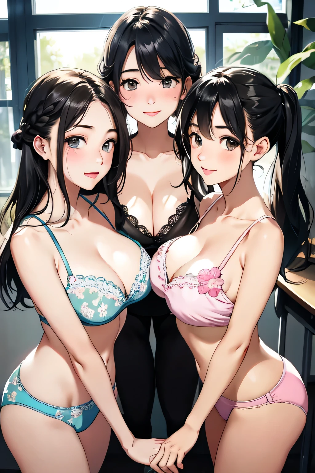 highest quality、High resolution、detailed background、beautiful and detailed face、beautiful and smooth skin、skin texture、(two beautiful teenage girls:1.5)、(huge breasts:1.3)、black hair braid twintails、perfect body line、Pastel floral embroidered shorts、pastel colored floral embroidery bra、Change clothes in the classroom、pose with both hands、
This is a pose with both hands crossed in front of the chest..、If you take a photo with a cute expression while covering your chest with your hands, Can express kindness and softness.、The pose of folding your hands to form a heart also has the effect of hiding your chest..、
emphasize the chest、emphasize cleavage、He looks at me playfully and happily..、sexual expression、cute