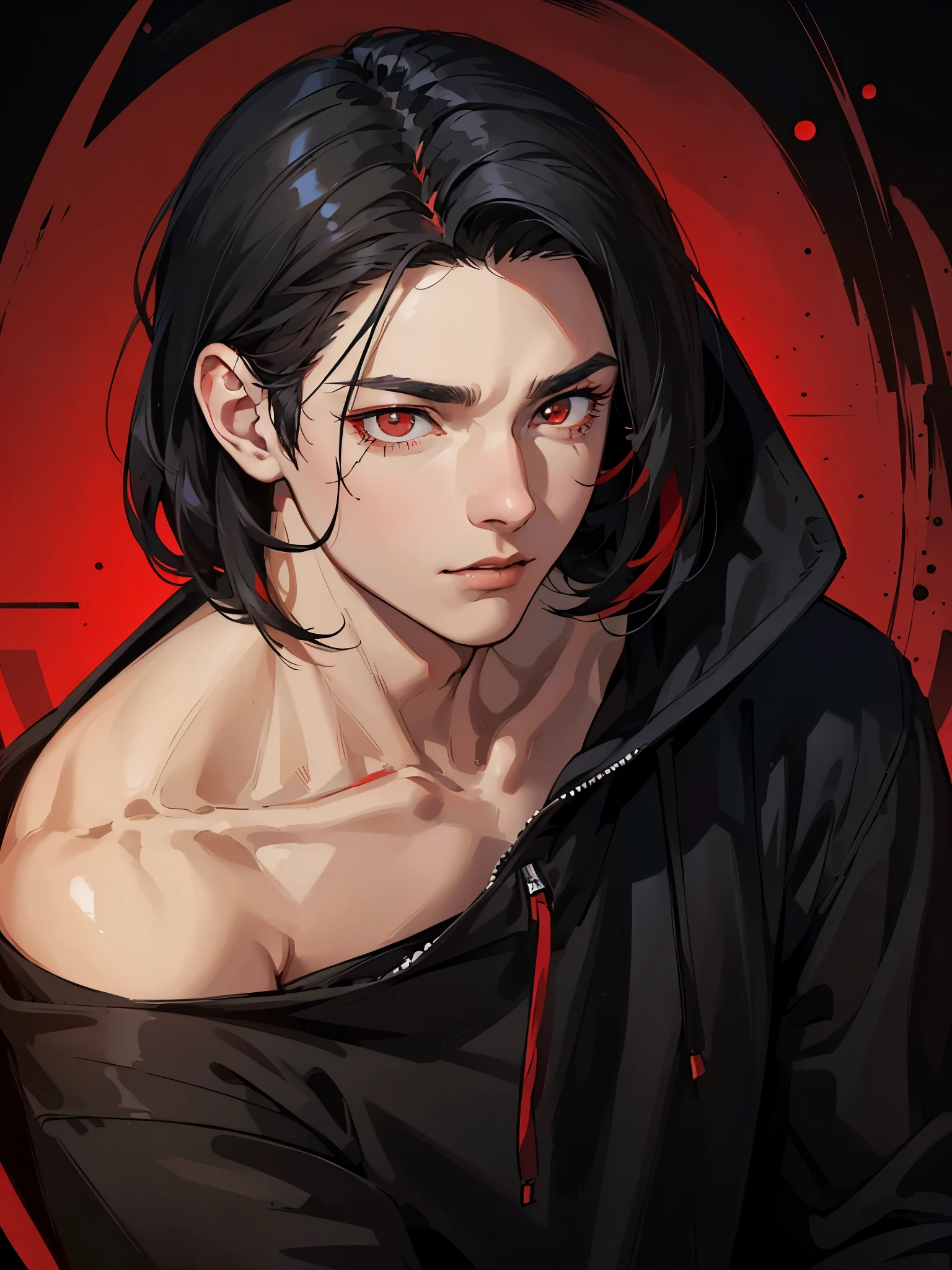 Young guy, (((Shoulder-length black hair))), (((red-eyes))), hooded sweatshirt, black tshirt, hands in pocket, relaxed posture, Relaxed face, ((Perfect Eyes)), ((Equal Eyes)), Extremely detailed, portraite of a, (((Face and eye detailing:1.2))), 8K, (Masterpiece:1.0), (((Best_Quality:1.0))), (((1 guy)))