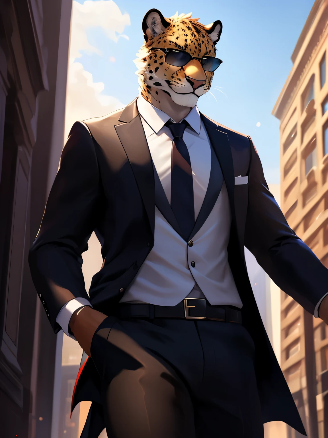 4k, ,8K, A high resolution, best quality, perfect colors, perfect shadows, perfect lighting, posted on e621, (by Chunie), male, furry, Leopard anthro, White fur, solo, Yellow eyes, (Realistic eye details 1.2), In the middle of the city, Hitman wear, Red suit, Red tie, sunglasses, Full body like, Slim body, abs, masterpiece, in a panoramic view, ultra detailed face, depth of field, motion blur, high details, high quality, award winning, HD, 16k, (best quality,4k,8k,highres,masterpiece:1.2),ultra-detailed,realistic:1.37,HDR,UHD,studio lighting,extreme detail description,professional,vivid colors,bokeh,lively atmosphere, natural lighting, smile, looking at viewer, (solo:1.2)