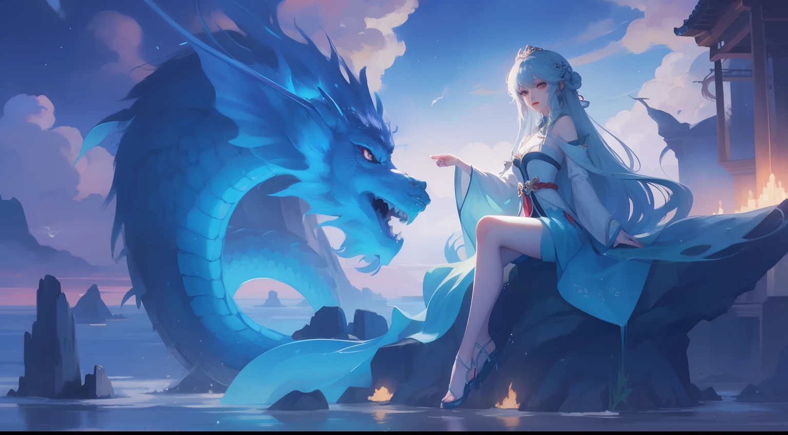 Anime girl sitting on rock，The background is a dragon, Anime fantasy illustration, queen of the sea mu yanling, a beautiful fantasy empress, Anime fantasy artwork, Asian Woman Water Elemental, beautiful fantasy anime, cyan chinese dragon fantasy, Fantasy art style, ((a beautiful fantasy empress)), 2. 5 D CGI anime fantasy artwork, goddess of the sea