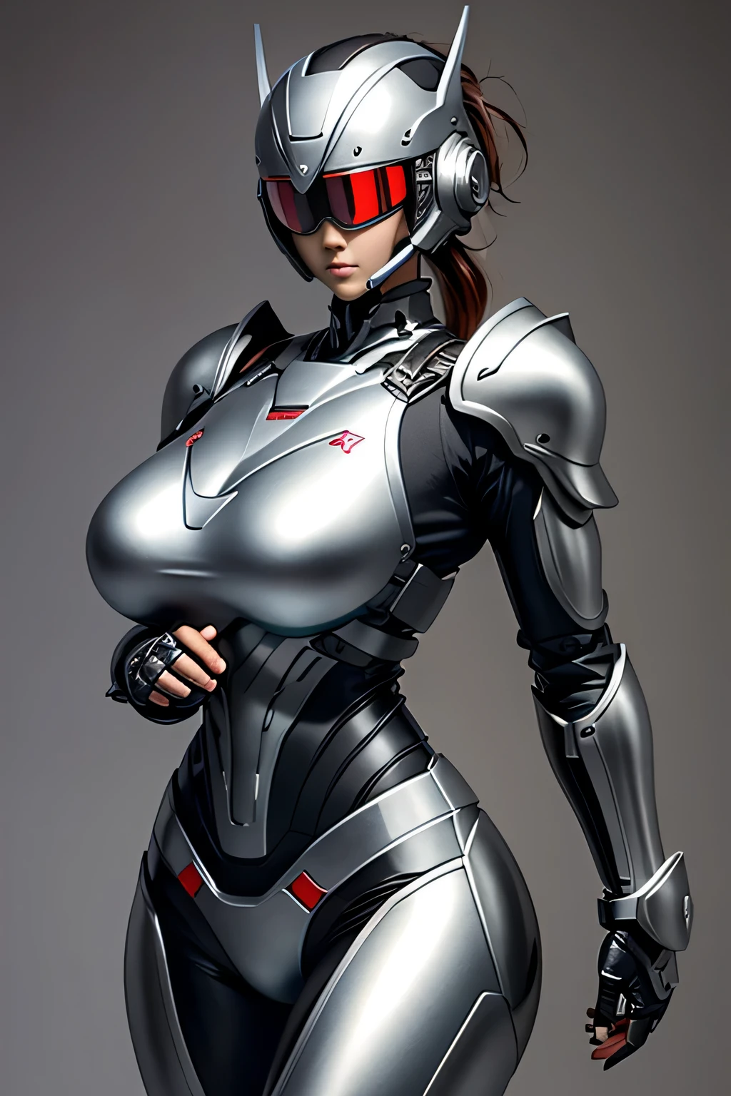 female robocop solo、Armor that completely covers the whole body、very large armor、Helmet with straight goggles to hide eyes、metallic light red armor、Armor that completely covers the chest、thin and long legs、Vibrant posel body view