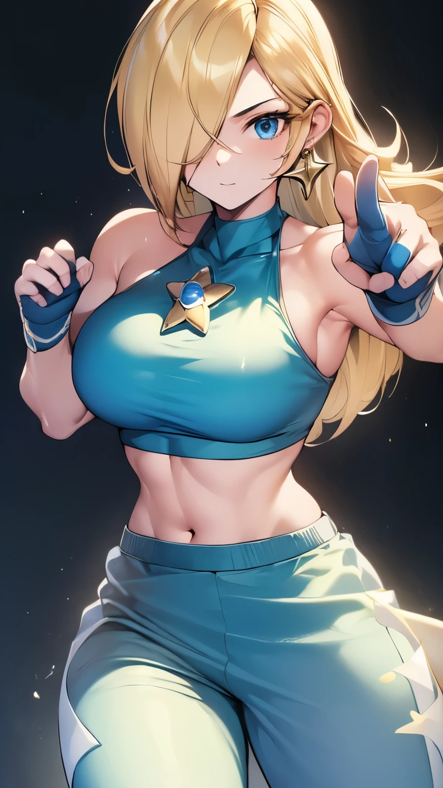 (best quality,4k,8k,highres,masterpiece:1.2),ultra-detailed, boxing,female boxer,detailed face,beautiful, boxing pose,well-defined muscles,fitness,wonderful,fighting stance,strong legs,blonde,Rosalina