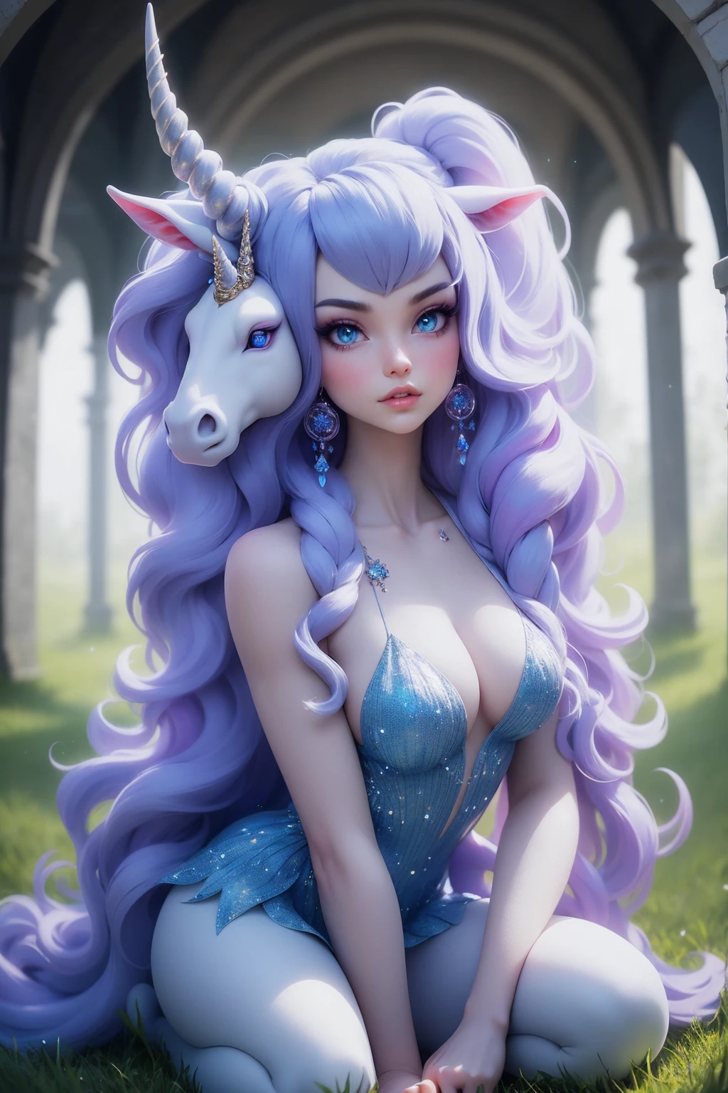 {-erro_de_anatomia:1.0} There is a white unicorn girl, blue mane and long mane, white unicorn, unicorn, unicorn horns, A unicorn, celestia, Nine stories, blue unicorn, soft dreamy, cinematic light《fangs》Unicorn in, mythological creatures, a mythical creature, Pokémon illustration, unicorns, a glaceon princess, Auroracore, ghostly iridescent, image good for rendering, kneeling in the purple grass, unicorn girl, full body.