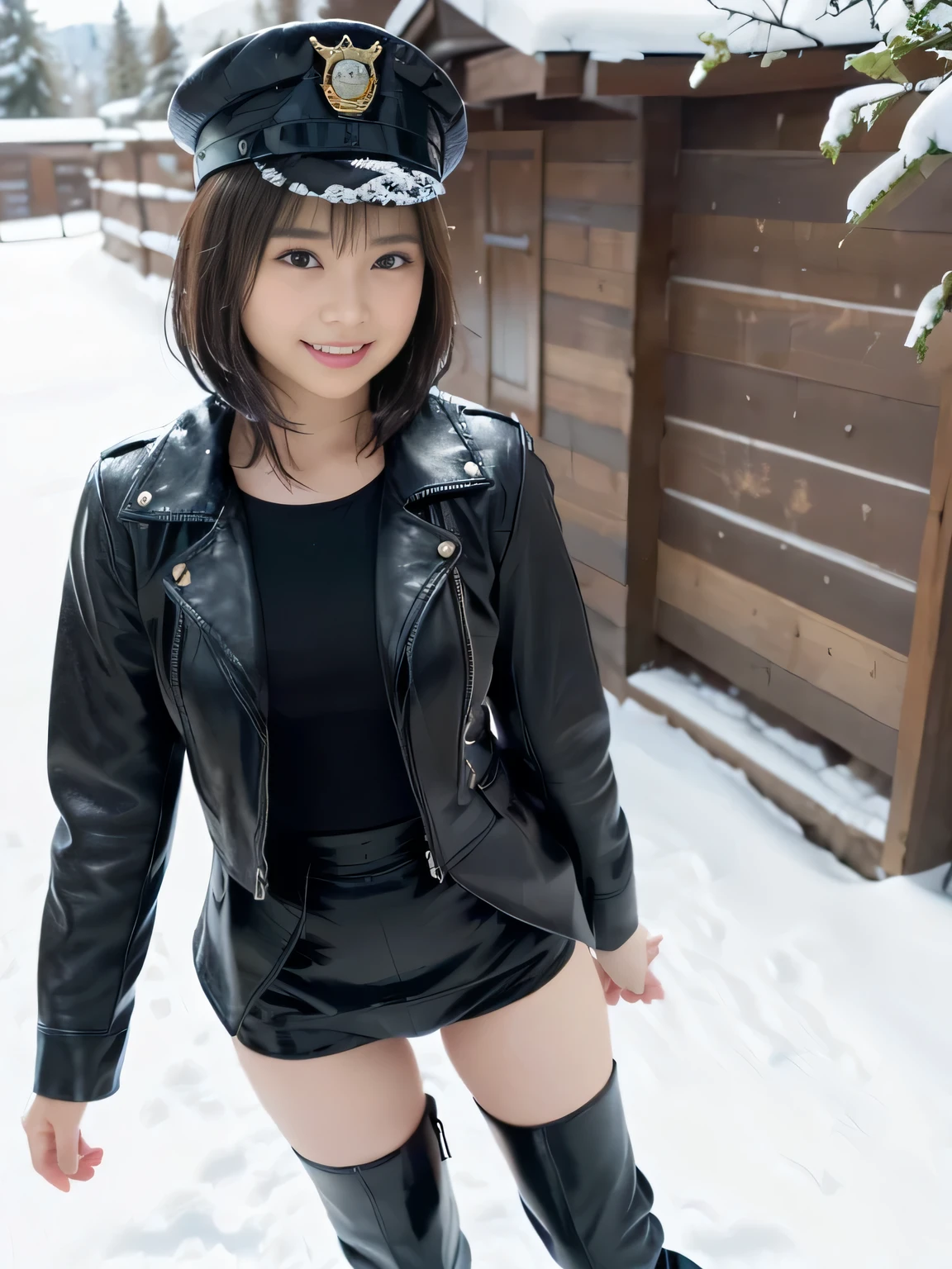 pieces fly, highest quality, (highest quality、8k、masterpiece:1.3)、ultra high resolution、Physically based rendering、(realistic：1.37)、完璧な体の美しいtwo women:1.4、slim belly:1.2、Highly detailed face and skin texture、 red cheeks、white skin、thin waist,thin legs、highest quality,very beautiful 20 year old girl, (cute:1.2),perfect shiny skin,((Accurate hand without discomfort)), brown hair,(short bob hair),(((full nude)))、(((lower body nude)))、big smile、(((stand on top of a snowy mountain)))、(((two women)))、necklace、(black round glasses)、((Cheb looks))、(((black leather jacket)))、((I can see pubic hair))、((black leather long boots))、((american police hat))