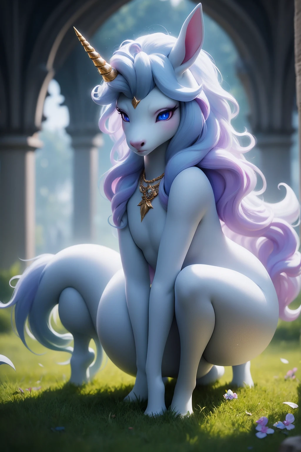 {-erro_de_anatomia:1.0} There is a white unicorn girl, blue mane and long mane, white unicorn, unicorn, unicorn horns, A unicorn, celestia, Nine stories, blue unicorn, soft dreamy, cinematic light《fangs》Unicorn in, mythological creatures, a mythical creature, Pokémon illustration, unicorns, a glaceon princess, Auroracore, ghostly iridescent, image good for rendering, kneeling in the purple grass, unicorn girl, full body.