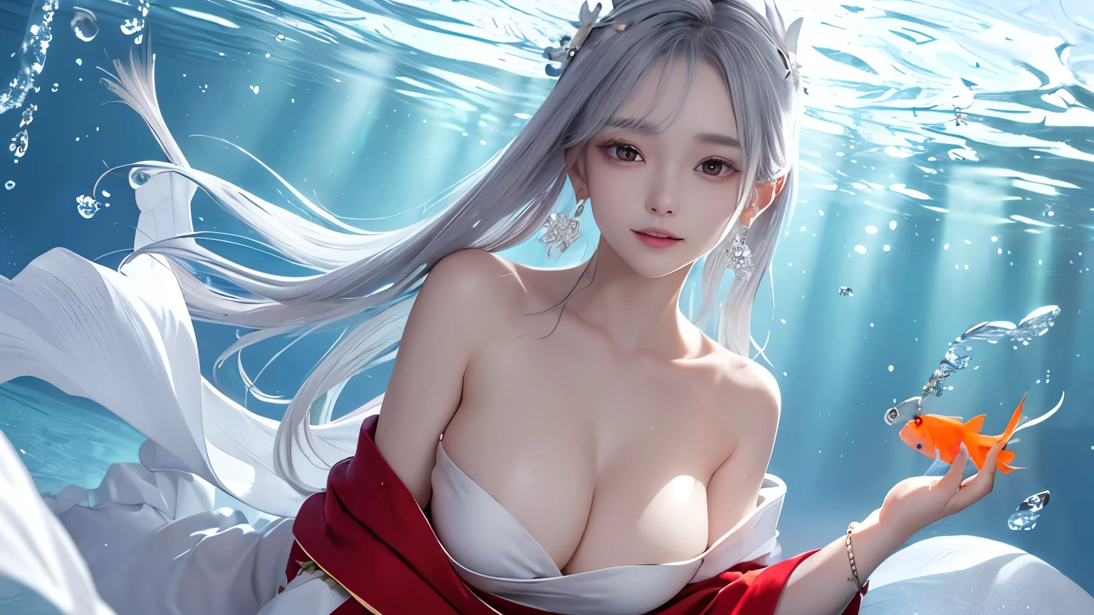 1 girl ,earrings,Goldfish ,precious stones ,sash,underwater ,Goldfish,White flower ,Akame,Behold ,get up, gray hair,clavicle,length、generally、Kamimei、looking at the viewer、white dress、Red Heavenly Woman's Robe、cleavage、close up of smiling face、beautiful eyes、correct move