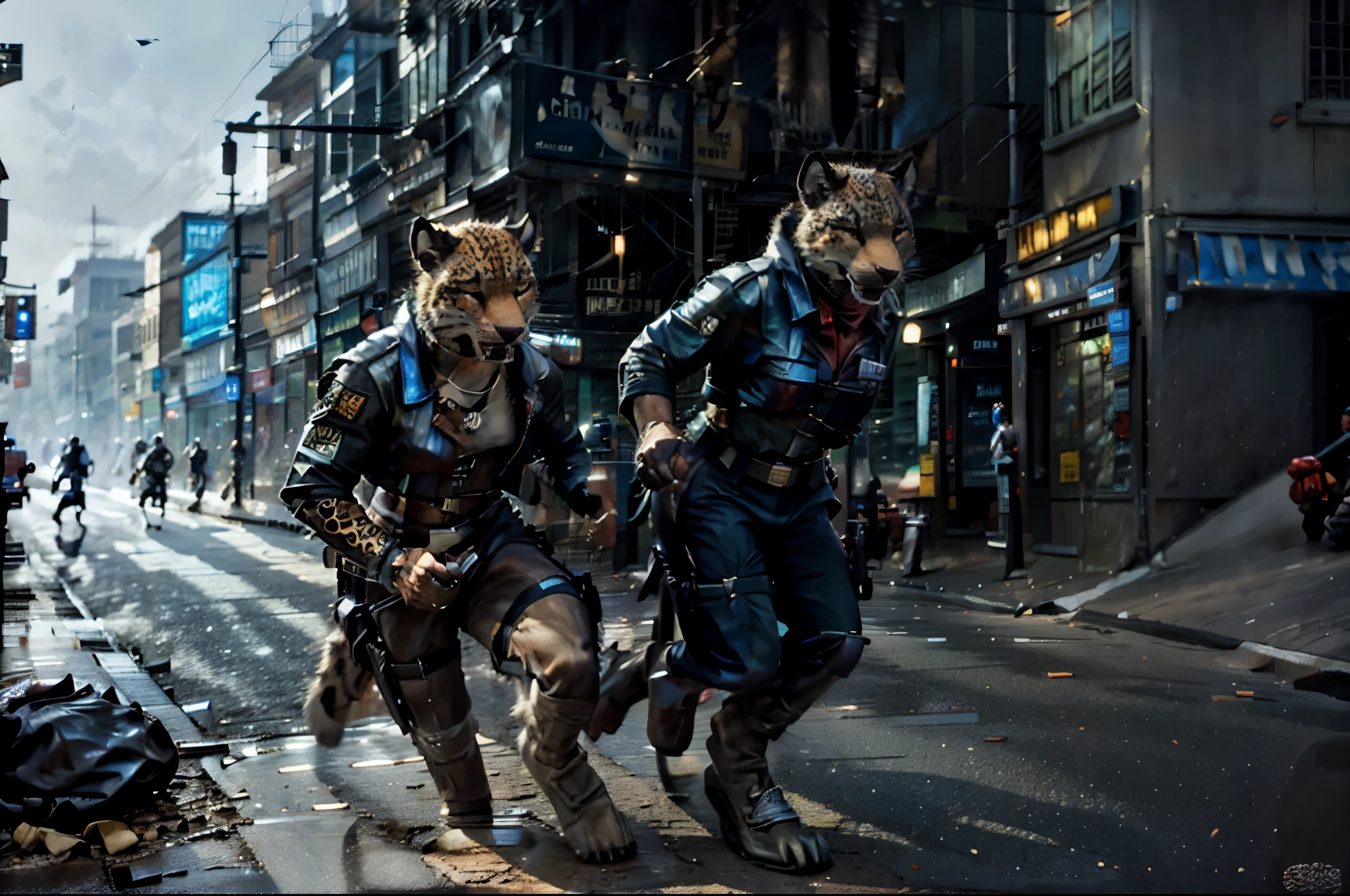 ((a wolf and leopard detectives chasing a suspect down a busy street)), photo realistic, masterpiece, best, hyper realistic, anthropomorphic detectives chasing a suspect, futuristic police chasing a suspect