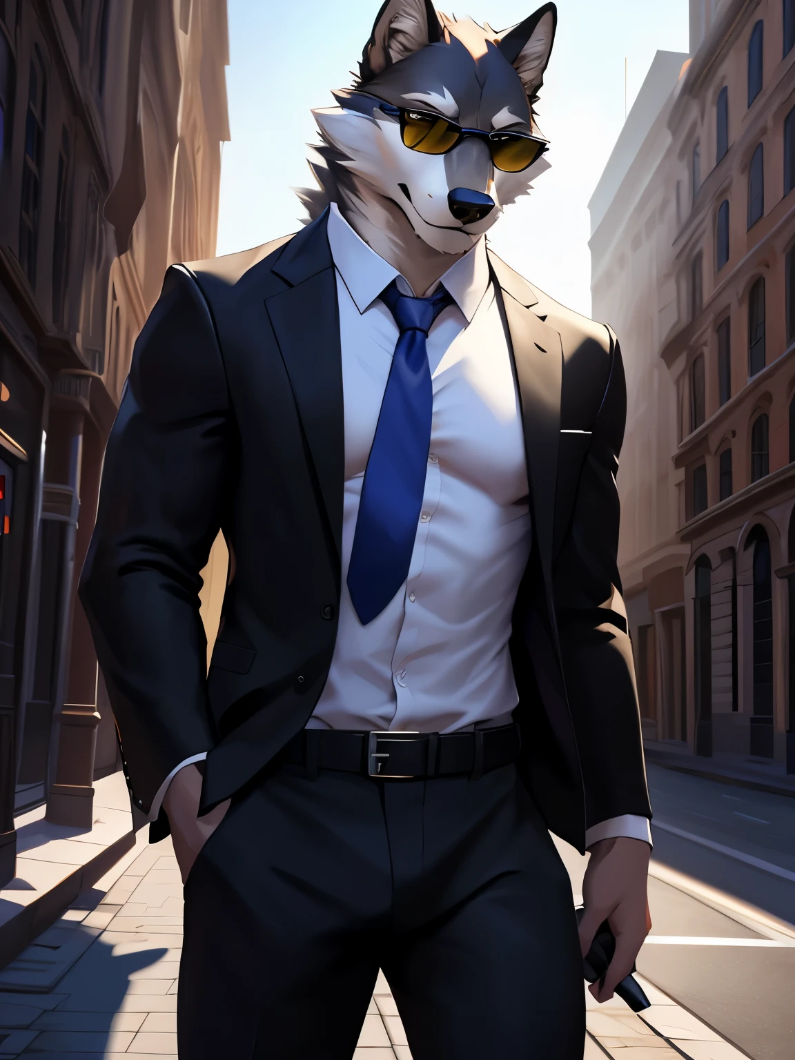 4k, ,8K, A high resolution, best quality, perfect colors, perfect shadows, perfect lighting, posted on e621, (by Chunie), male, furry, Wolf anthro, White fur, solo, Yellow eyes, (Realistic eye details 1.2), In the middle of the city, Hitman wear, Black suit, Red tie, sunglasses, Full body like, Slim body, abs, masterpiece, in a panoramic view, ultra detailed face, depth of field, motion blur, high details, high quality, award winning, HD, 16k, (best quality,4k,8k,highres,masterpiece:1.2),ultra-detailed,realistic:1.37,HDR,UHD,studio lighting,extreme detail description,professional,vivid colors,bokeh,lively atmosphere, natural lighting, smile, looking at viewer, (solo:1.2)