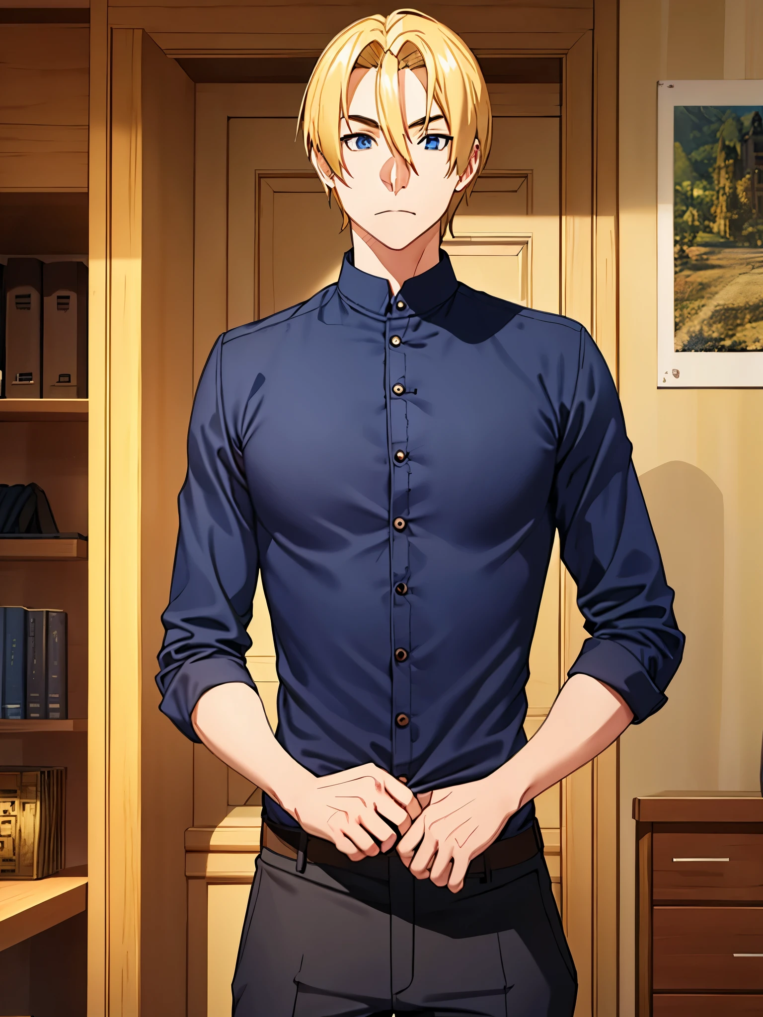 guy, blonde hair, navy blue long shirt, upperboddy, castle room