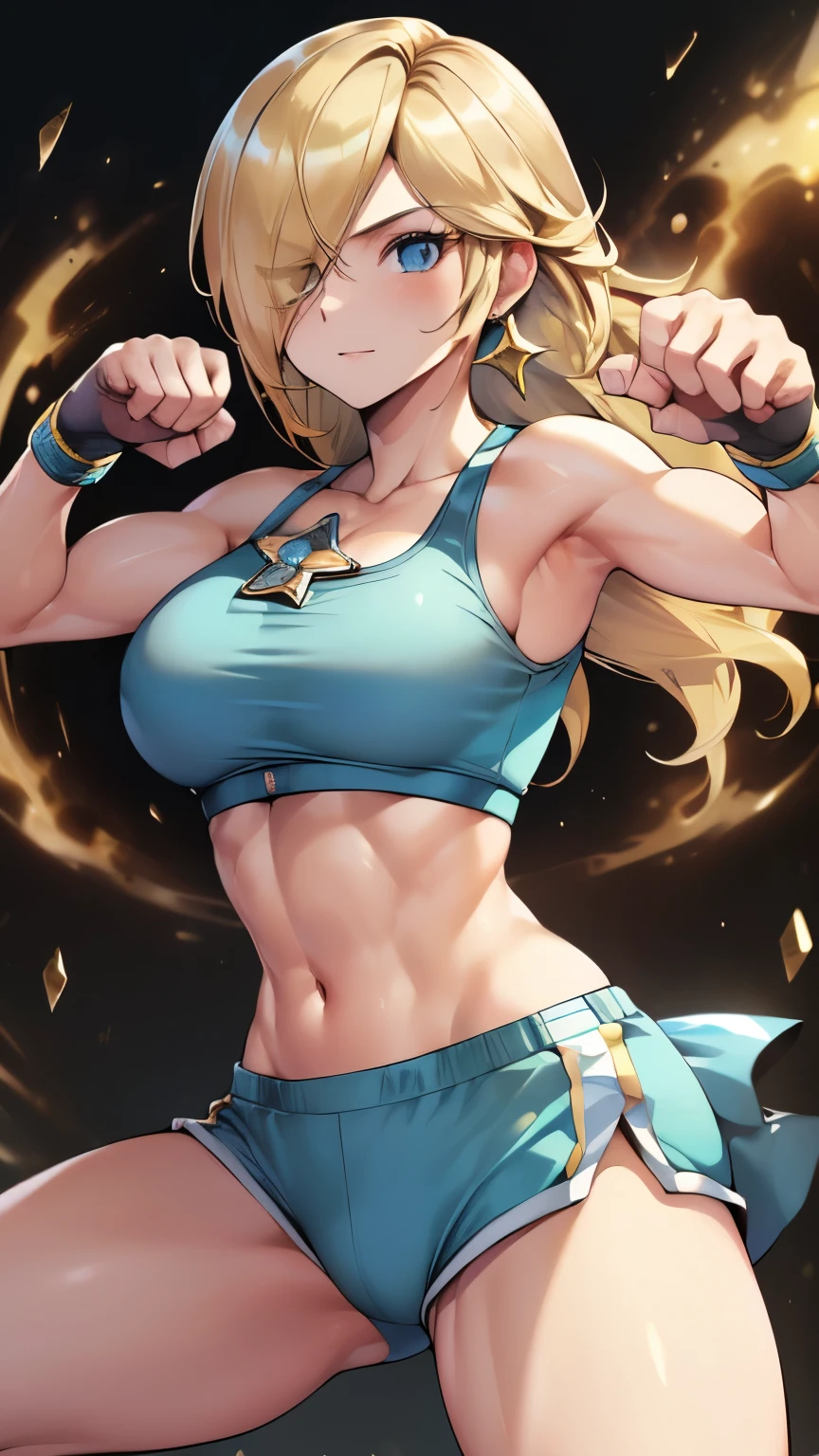 (best quality,4k,8k,highres,masterpiece:1.2),ultra-detailed, boxing,female boxer,detailed face,beautiful, boxing pose,well-defined muscles,fitness,wonderful,fighting stance,strong legs,blonde,Rosalina