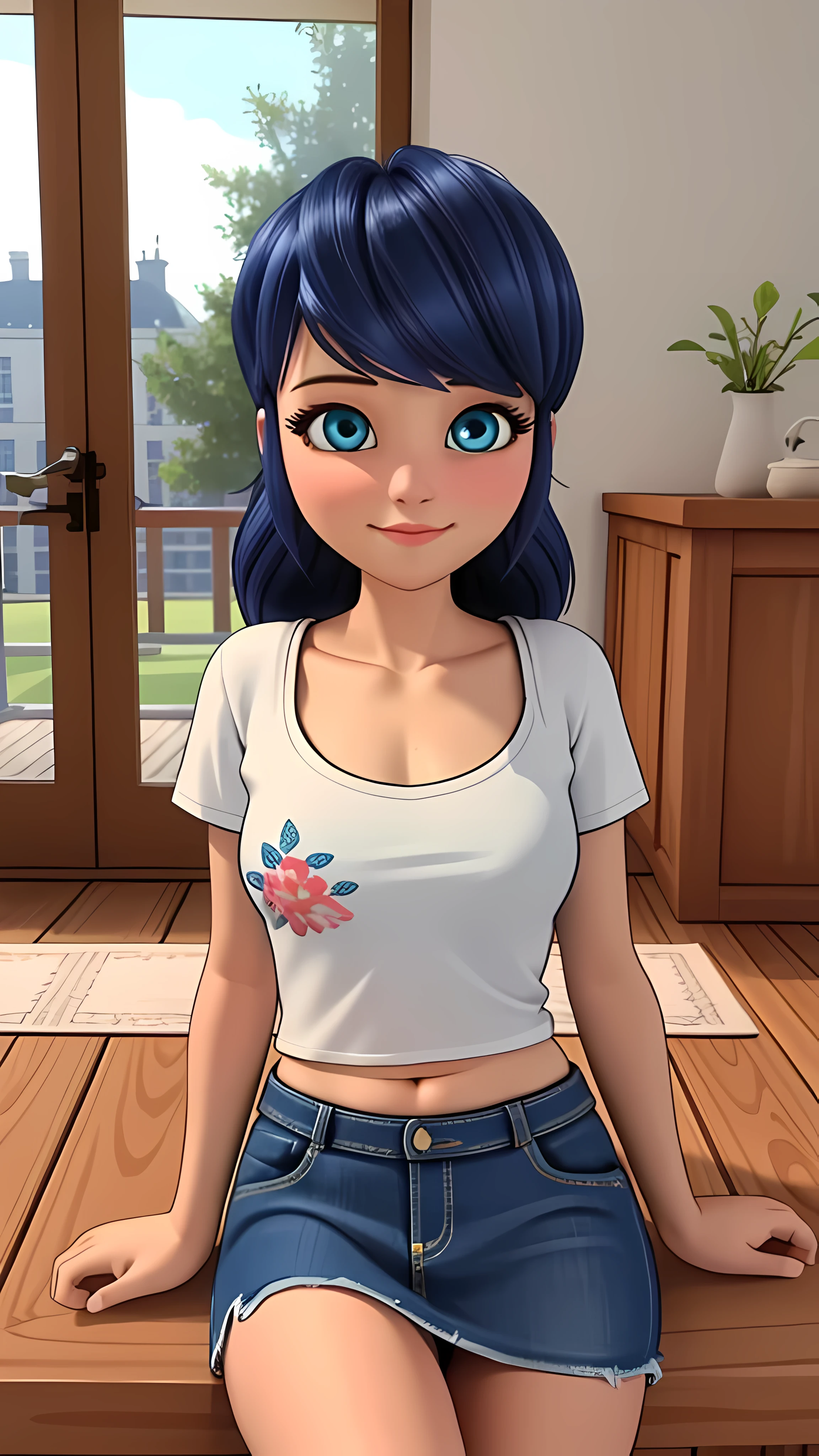 (8K, foto cruda, Mejor calidad, Obra maestra:1.2), (detalles intrincados), ojos perfectos, cara perfecta, perfect lighting, hermoso, (Obra maestra:1.2), (Mejor calidad:1.2), 1 chica, solo, marinette, pelo azul, ((pelo largo y suelto)), adult torso, 17 years old, leve sonrisa, large size breasts, (falda de mezclilla, falda corta, camiseta roja del ombligo), tiro de vaquero, 3DMM, sentado, mirando al espectador, sexy