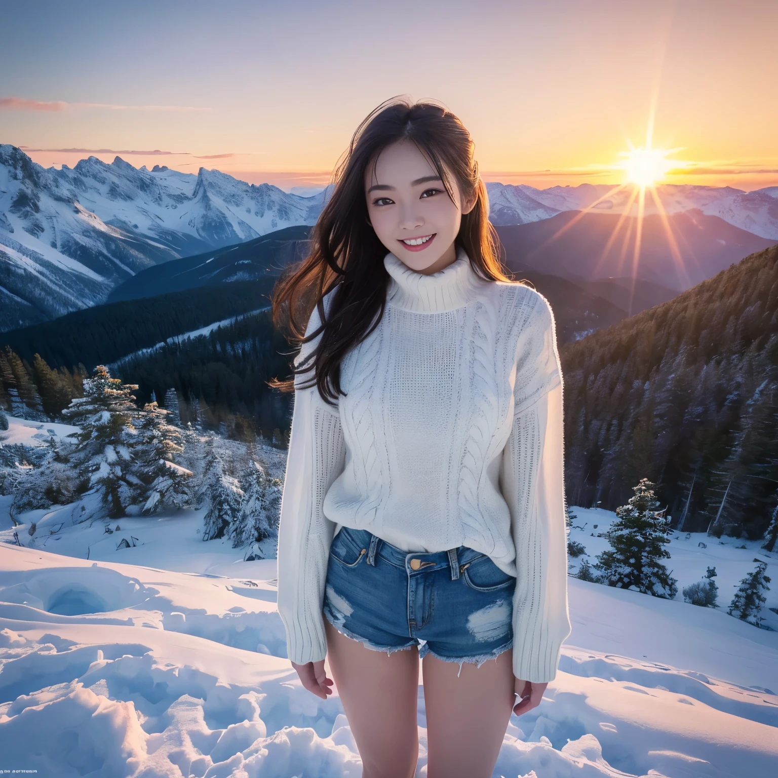 (highest quality、table top、8k、best image quality、Award-winning work)、one beautiful woman、(perfect long sleeve knit sweater:1.3)、(Torn distressed denim shorts:1.3)、very long wavy hair、(alone:1.2)、(1 photo:1.2)、(Standing gracefully in the snowy mountains of Northern Europe:1.3)、(Full body shot from above of a woman standing elegantly:1.3)、上品なwinter用ブーツ、emphasize body line、(Top view of the whole body of a woman standing elegantly on a snowy mountain:1.3)、(Depicting a woman&#39;s entire body from above using three-point perspective with sharp focus:1.5)、(look at me with your best smile:1.2)、(smile showing your beautiful teeth:1.1)、Strongly blurred background、(very brightly lit face:1.3)、(Beautiful skin that shines very brightly:1.2)、(very bright and vivid:1.3)、Ultra high definition beauty face、(Super high resolution perfect beautiful teeth:1.1)、ultra high definition hair、(Beautiful white skin that shines in ultra-high resolution:1.1)、Super high resolution glossy lips、(very bright and vivid:1.1)、(accurate anatomy:1.5)、( In the forest deep in the mountains of Northern Europe:1.1)、snow forest、mysterious forest snow scene、winter、(A vivid and magical sunset:1.3)、(romantic sunset:1.3)、beautiful sunlight filtering through the foliage、epic movie lighting、The sparkle of fine diamond dust、epic movie lighting、the most romantic、the moodiest、romantic love feelings