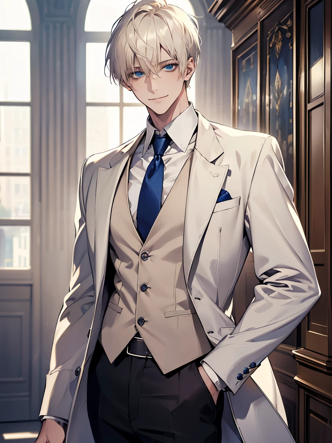 (Masterpiece, highres, best quality, finely detailed), male, smile expression facade, platinum blonde hair, short hair, White blazer, white shirt, blue tie, ivory vest cardigan, belt, black pants, blue eyes, student, super detail, accurate.