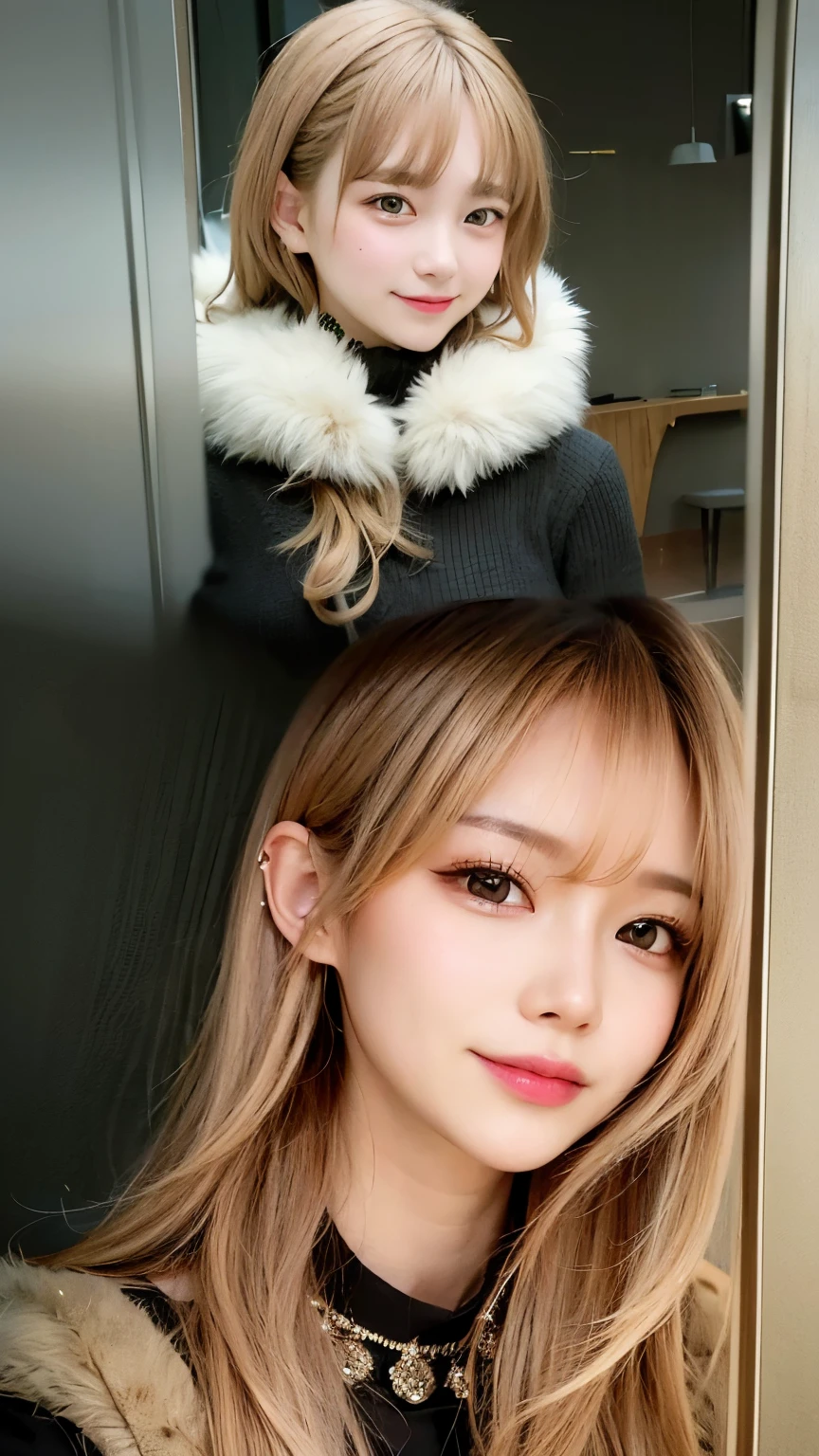 ((night、real light、highest quality、8k imageasterpiece:1.3))、非常にfine eyes、highly detailed face、Highly detailed skin texture、(Beautiful girl with normal body type:1.2)、(Light brown beautiful hair:1.3)、full body image、muffler around neck、warm winter clothes、gal、tie hair with ribbon、look at the audience、blush、super detailed face、fine eyes、happiness、big smile、hotel room、indirect lighting、Bedroom、night景、watching from behind、Soft sofa