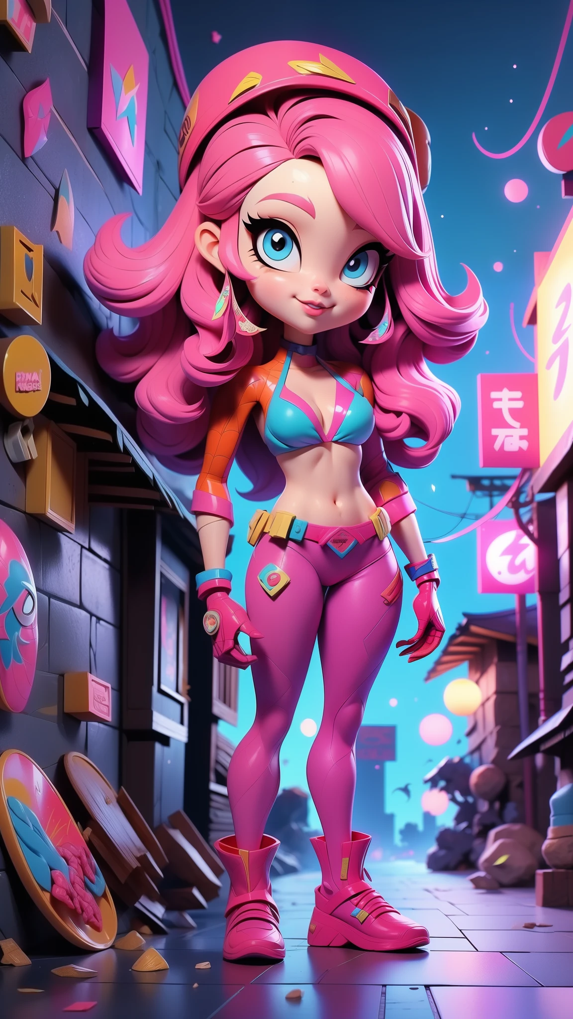 (La mejor calidad,A high resolution,Ultra - detallado,actual),Ariana Grande Spiderman a doll with long pink hair and a spider web , (mono rosa :1.4) ,(lenceria bikini azul:1.4), pantalones plateado, animated barbie doll, blonde chica anime con pelo largo, (Estilo Ross Tran:1.4) , anime estilo 3d, Modelo de cuerpo completo de Anime VTuber, ilya kuvshinov con pelo largo, chica anime con pelo largo pink, figura emergente del desfile, render de una linda chica anime 3d, More detailed 8K.motor irreal:1.4,hd,La mejor calidad:1.4, fotorrealista:1.4, textura de la piel:1.4, obra maestra:1.8,obra maestra, mejor calidad,objeto Objeto], (rasgos faciales detallados:1.3),(Las proporciones correctas),(Ojos hermosos azules),  (pose vaquero), (Japan alley background :1.4), ,( ciberpunk 2.1), (estilo kawaii Spiderman :1.4), (dedos detailed:1.4), (perfect anatomy), (background alley walls big stones :1.4) 