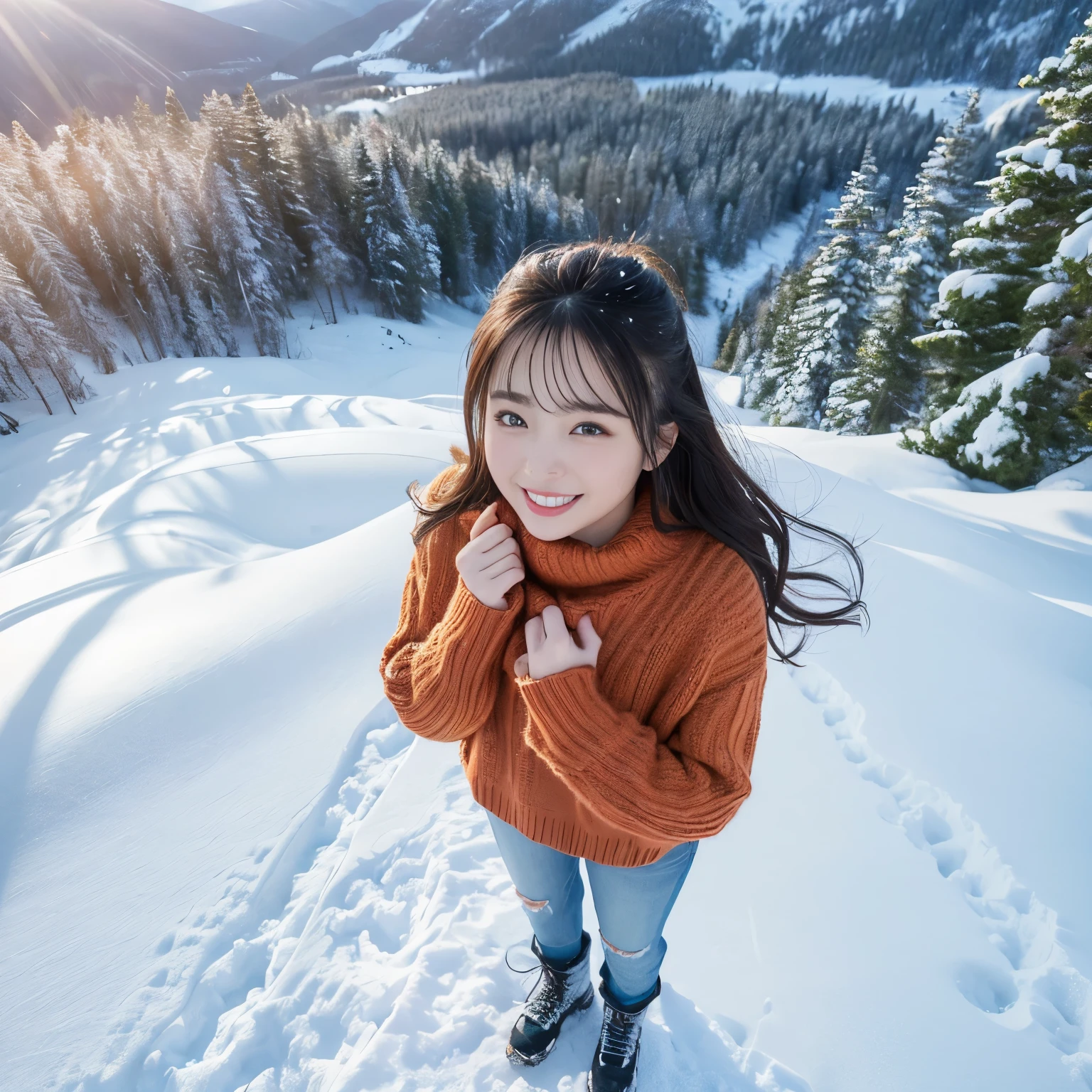 (highest quality、table top、8k、best image quality、Award-winning work)、one beautiful woman、(perfect long sleeve knit sweater:1.1)、(Torn distressed denim shorts:1.1)、very long wavy hair、(alone:1.1)、(1 photo:1.1)、(Standing gracefully in the snowy mountains of Northern Europe:1.1)、(Full body shot from above of a woman standing elegantly:1.3)、(上品なwinter用ブーツ:1.1)、emphasize body line、(Top view of the whole body of a woman standing elegantly on a snowy mountain:1.3)、(Depicting a woman&#39;s entire body from above using three-point perspective with sharp focus:1.5)、(look at me with your best smile:1.1)、(smile showing your beautiful teeth:1.1)、Strongly blurred background、(very brightly lit face:1.1)、(Beautiful skin that shines very brightly:1.1)、(very bright and vivid:1.1)、Ultra high definition beauty face、(Super high resolution perfect beautiful teeth:1.1)、ultra high definition hair、(Beautiful white skin that shines in ultra-high resolution:1.1)、Super high resolution glossy lips、(very bright and vivid:1.1)、(accurate anatomy:1.1)、( In the forest deep in the mountains of Northern Europe:1.1)、snow forest、mysterious forest snow scene、winter、(A vivid and magical sunset:1.1)、(romantic sunset:1.1)、beautiful sunlight filtering through the foliage、epic movie lighting、The sparkle of fine diamond dust、epic movie lighting、the most romantic、the moodiest、romantic love feelings