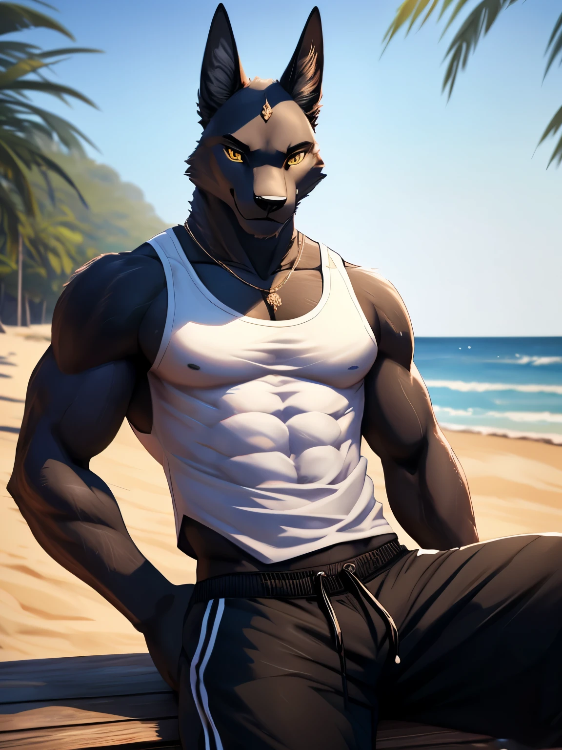 4k, ,8K, A high resolution, best quality, perfect colors, perfect shadows, perfect lighting, male, furry, anthro, Anubis, solo, Yellow eyes, (Realistic eye details 1.2), beach, wearing tank top, wearing jogger sweatpants, Full body like, Slim body, abs, ultra detailed face, depth of field, motion blur, high details, high quality, award winning, HD, 16k, (best quality,4k,8k,highres,masterpiece:1.2),ultra-detailed,realistic:1.37,HDR,UHD,studio lighting,extreme detail description,professional,vivid colors,bokeh,lively atmosphere, natural lighting, smile, Looking at camera