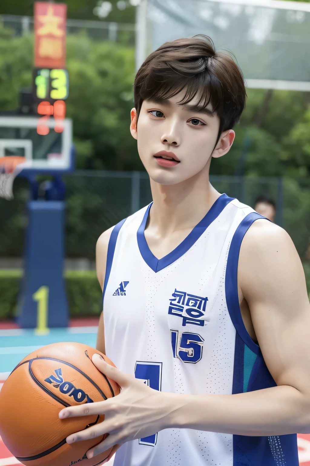 真实的South Korea帅哥们抓着篮球,on the basketball court，Beautifully, Realistic and realistic facial expressions,South Korea,20 year old man,short hair,neat face,South Korea男士,handsome face,
