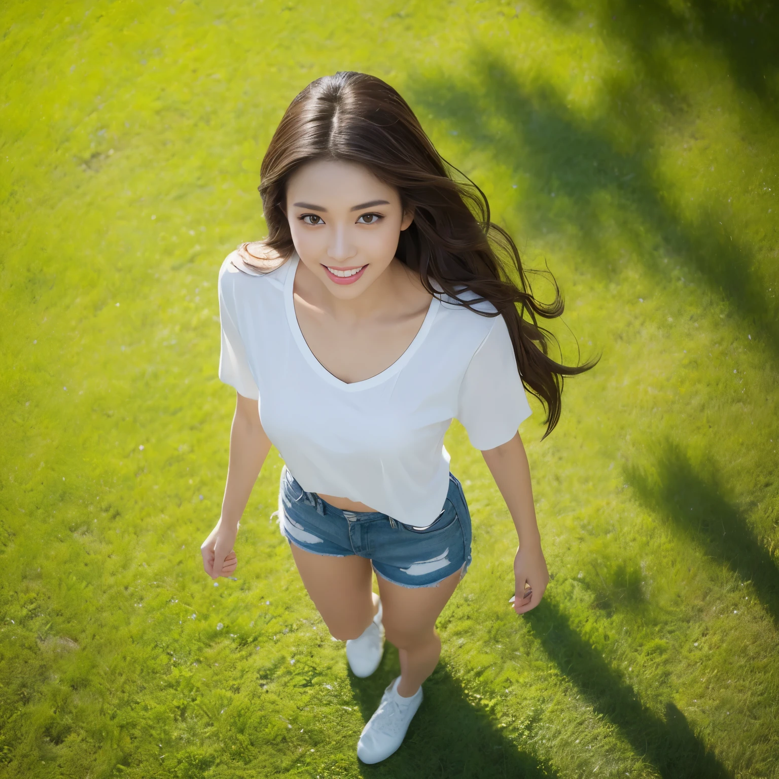 (highest quality、table top、8k、best image quality、Award-winning work)、one beautiful woman、(Perfect and classy short sleeve open chest T-shirt:1.1)、(torn shorts:1.1)、very long wavy hair、(alone:1.2)、(1 photo:1.1)、(standing gracefully in the park:1.3)、(Top full body shot of a woman standing in the park:1.3)、(Top view of the whole body of a standing woman:1.3)、(Depicting a woman&#39;s entire body from above using three-point perspective with sharp focus:1.5)、(perfect legs:1.1)、Look at me with your best smile、Strongly blurred background、classy beautiful park background、(very brightly lit face:1.3)、(Beautiful skin that shines very brightly:1.2)、(very bright and vivid:1.3)、Ultra high definition beauty face、(Super high resolution perfect beautiful teeth:1.1)、ultra high definition hair、(Beautiful white skin that shines in ultra-high resolution:1.1)、Super high resolution glossy lips、(very bright and vivid:1.1)、(accurate ???????:1.2)