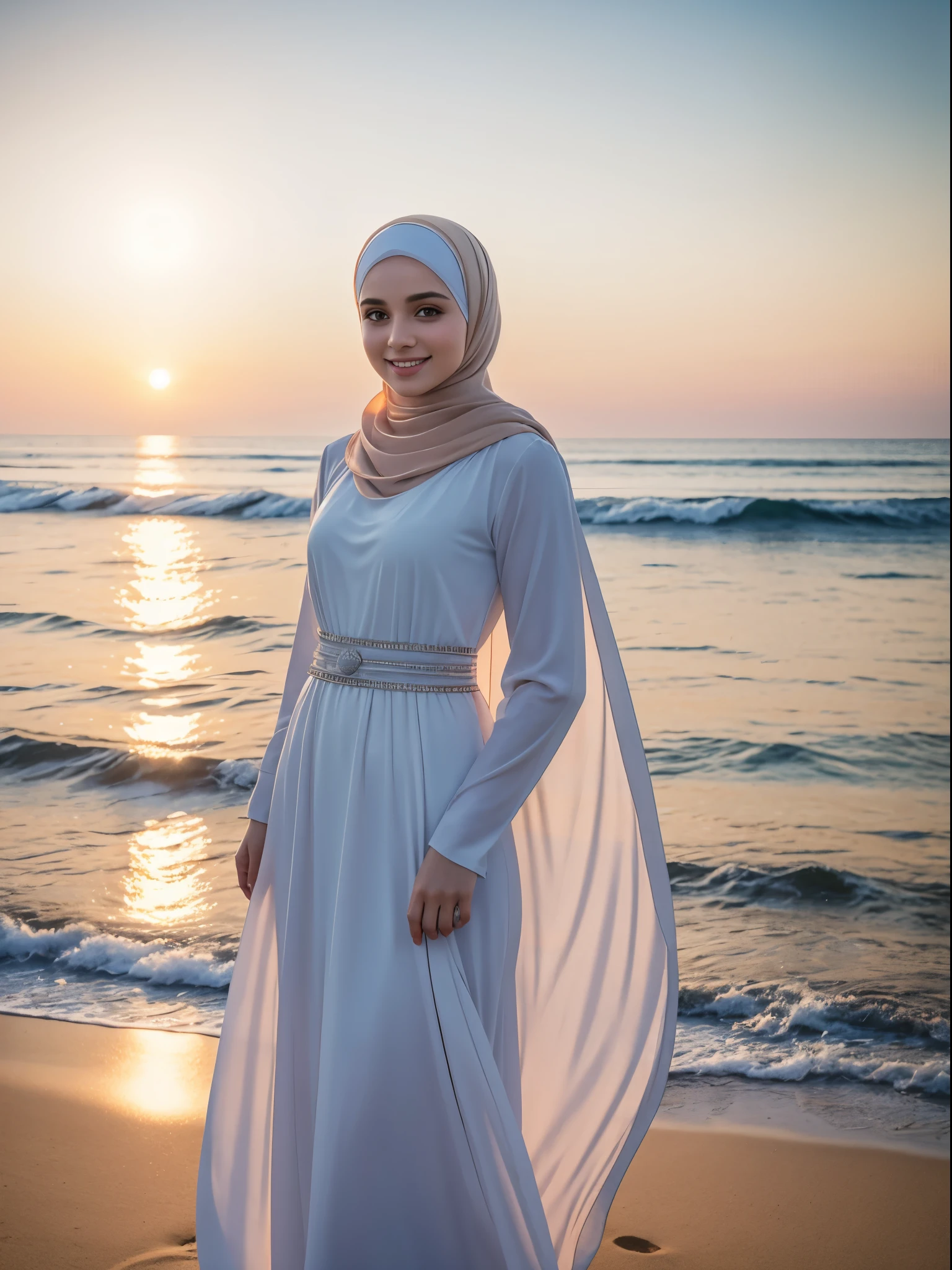 high quality, 8K Ultra HD,a young beautiful lady with a long islamic dress, pale skin , warm smile, beatuiful face ,wearing hijab , sunset coast should serve as the underlying backdrop, with its details incorporated into the goddess , crisp lines, The background is monochrome, sharp focus, double exposure, awesome full color,