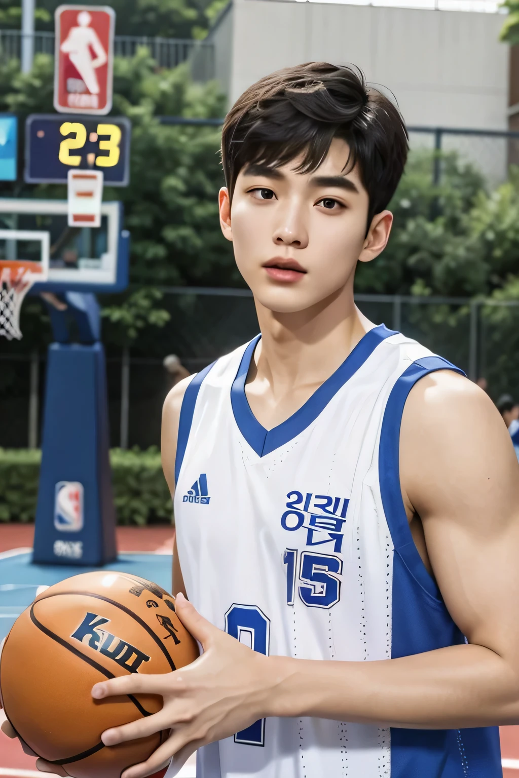 真实的South Korea帅哥们抓着篮球,on the basketball court,beautifully, Realistic and realistic facial expressions,South Korea,20 year old man,short hair,neat face,South Korea男士,handsome face,