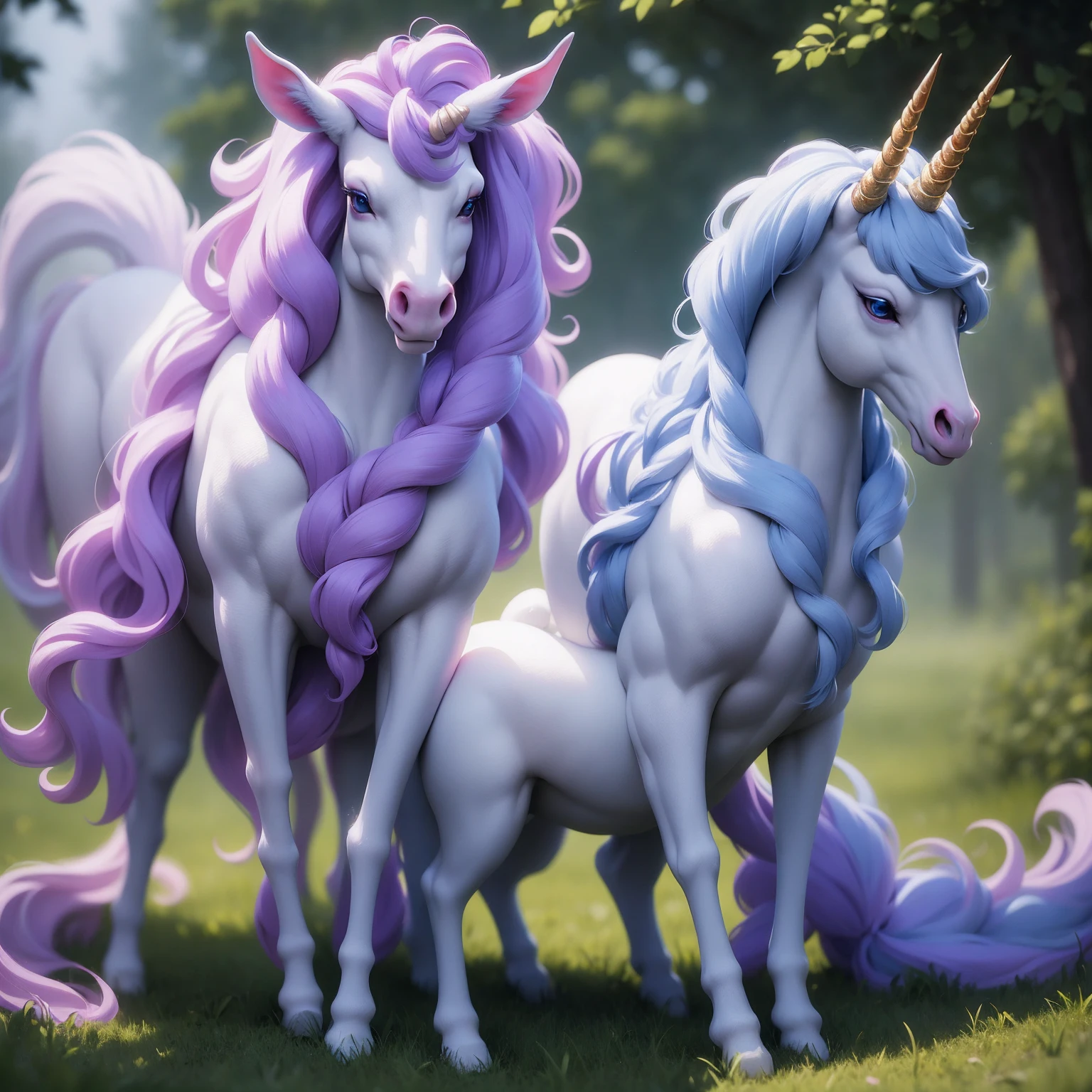 {-erro_de_anatomia:1.0} There is a white unicorn girl, blue mane and long mane, white unicorn, unicorn, unicorn horns, A unicorn, celestia, Nine stories, blue unicorn, soft dreamy, cinematic light《fangs》Unicorn in, mythological creatures, a mythical creature, Pokémon illustration, unicorns, a glaceon princess, Auroracore, ghostly iridescent, image good for rendering, kneeling in the purple grass, unicorn girl, full body.