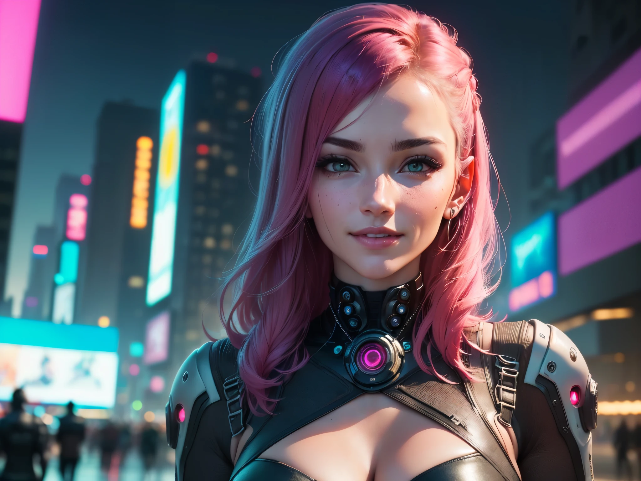 excellent perspective:1.2, ((full body:1.4)),((best quality)), ((masterpiece)), 3D, (((2 young and beautiful cyberpunk hyper detailed faces:1.3, whole shot:1.5, Beautiful woman with shiny hair and hyper-detailed modern style: 1.3))) :1.2)), (((cyberpunk style night futuristic background:1.2))), (((pink and cyan neon lights at night:1.2))), (photorealistic:1.4) ,(Dynamic pose), (( Front camera)), (Looking at the camera and smiling happily), ((Cinematic lighting with neon tones, magenta on the right side and cyan on the left side:1.2)),. 32k