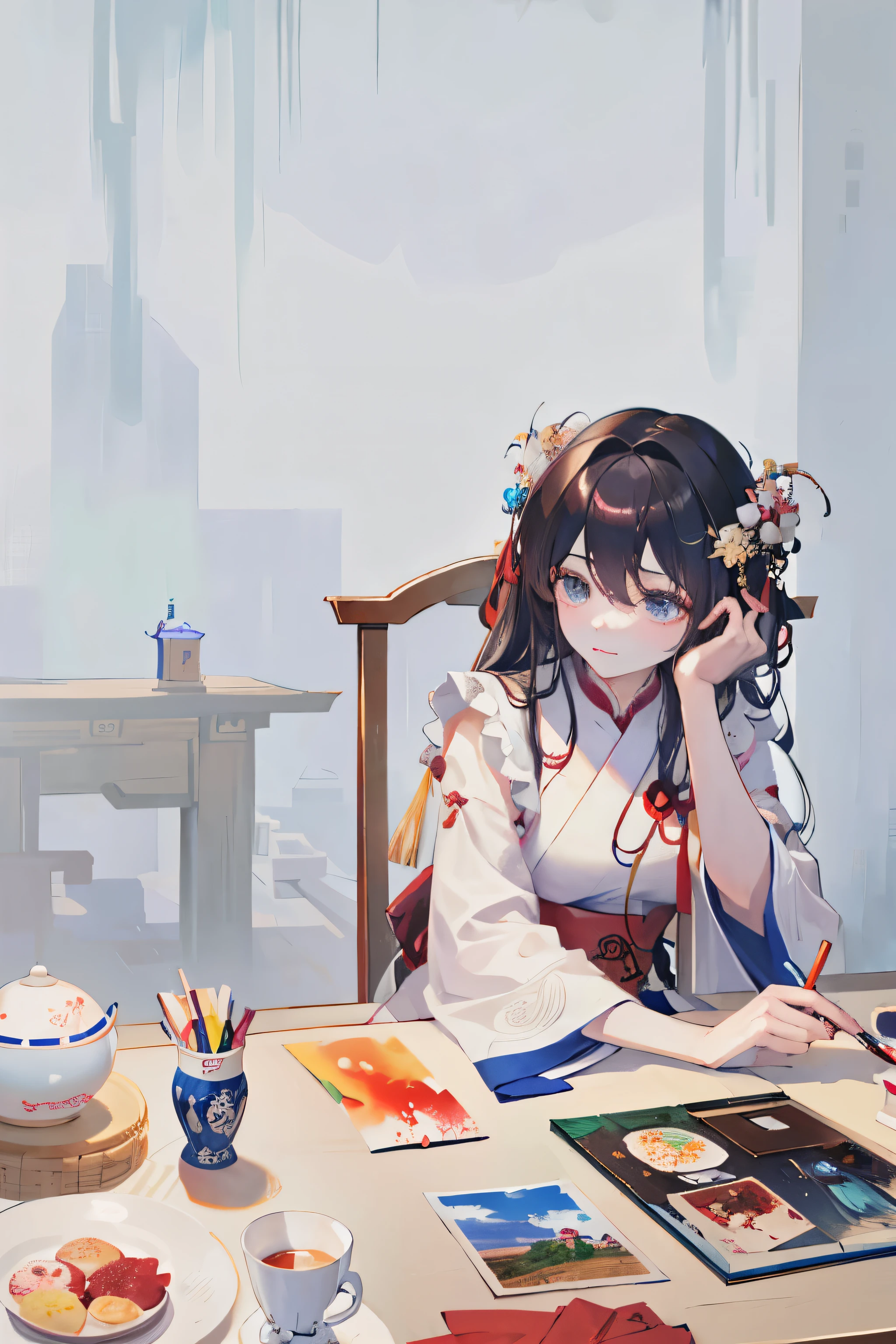 Hanfu,big breasts,Ms. Alafid sitting at the table,Holding a bunch of art supplies in hand,holding pen in hand, Chinese artist, korean artist, by Ye Xin, portrait of a crying ai artist, li zixin, jinyiwei, mingchen shen, Xintong Chen, zmenzheng, author:Yan Liben, Inspired by Zou Yigui, by Cheng Jiasui, wenfei ye