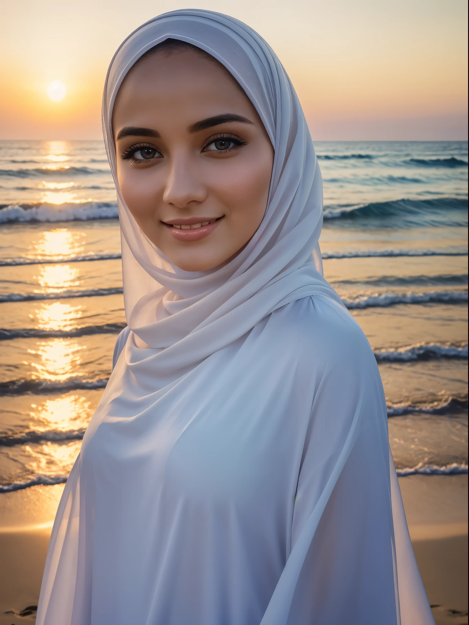 high quality, 8K Ultra HD,a young beautiful lady with a long islamic dress, pale skin , warm smile, beatuiful face ,wearing hijab , sunset coast should serve as the underlying backdrop, with its details incorporated into the goddess , crisp lines, The background is monochrome, sharp focus, double exposure, awesome full color,
