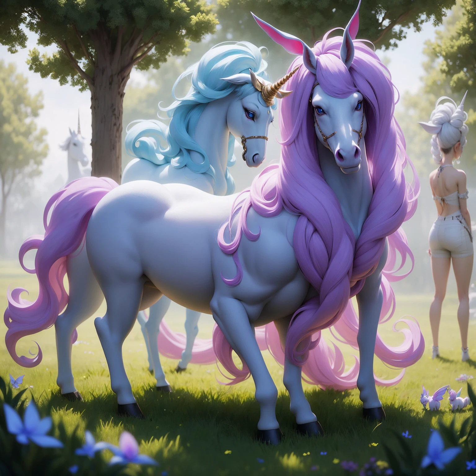 {-erro_de_anatomia:1.0} There is a white unicorn girl, blue mane and long mane, white unicorn, unicorn, unicorn horns, A unicorn, celestia, Nine stories, blue unicorn, soft dreamy, cinematic light《fangs》Unicorn in, mythological creatures, a mythical creature, Pokémon illustration, unicorns, a glaceon princess, Auroracore, ghostly iridescent, image good for rendering, kneeling in the purple grass, unicorn girl, full body.