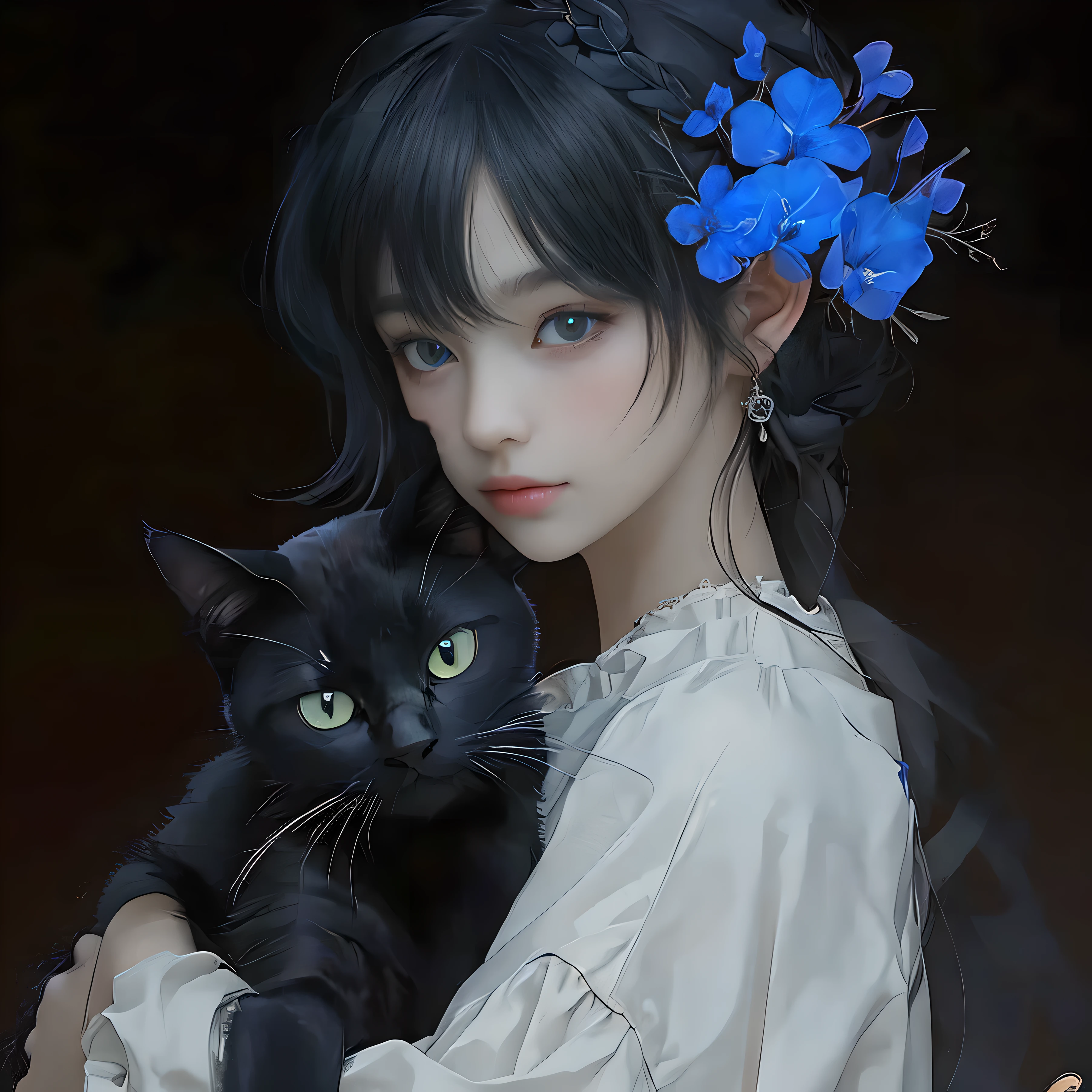 Girl with a black cat and blue flowers on her head, beautiful cat girl, Really beautiful and cute cat girl, beautiful young cat girl,8 thousand,