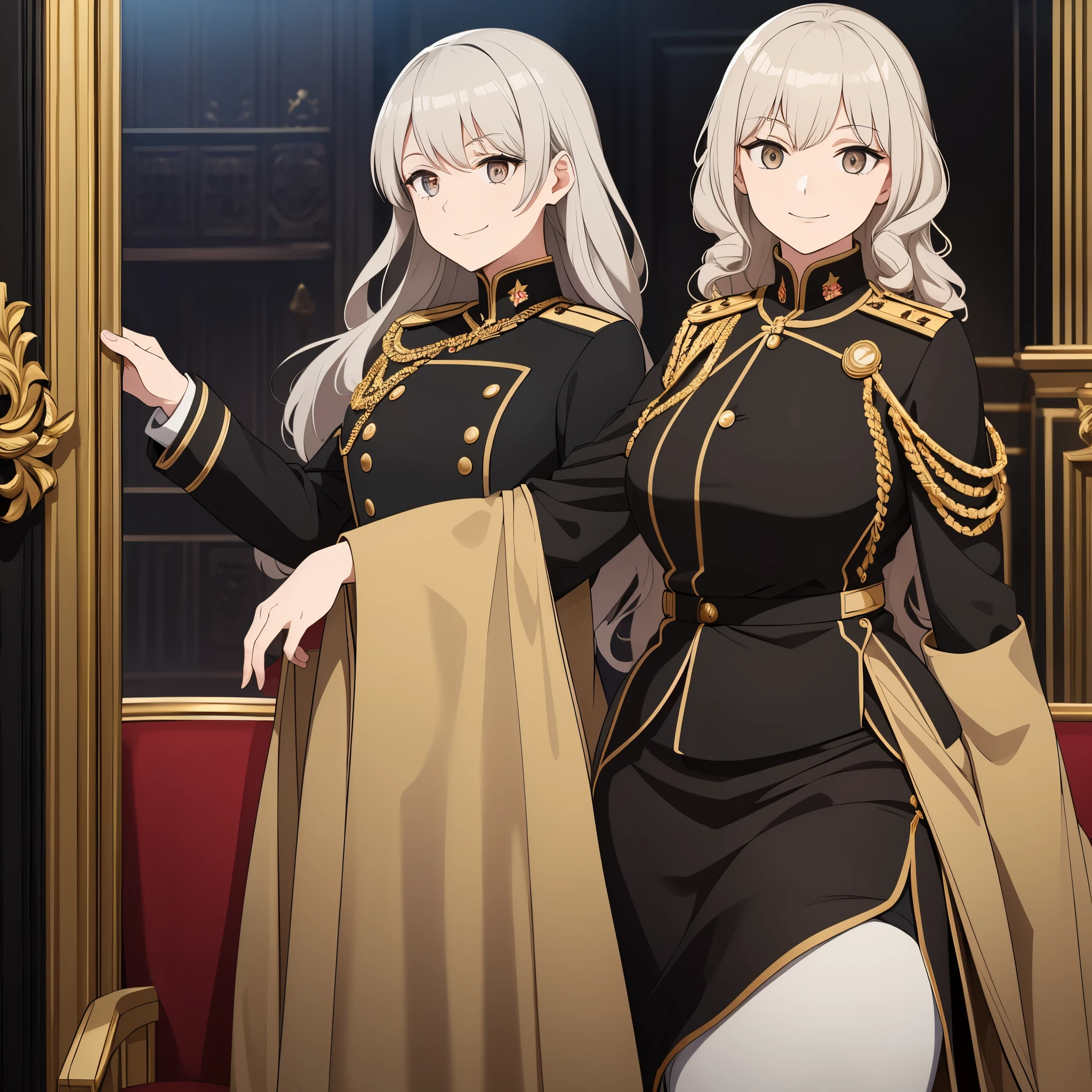 A woman wearing a black Prussian military uniform with gold details, gold eyes,long gray curly hair without bangs, smiling, in a sophisticated music room.

