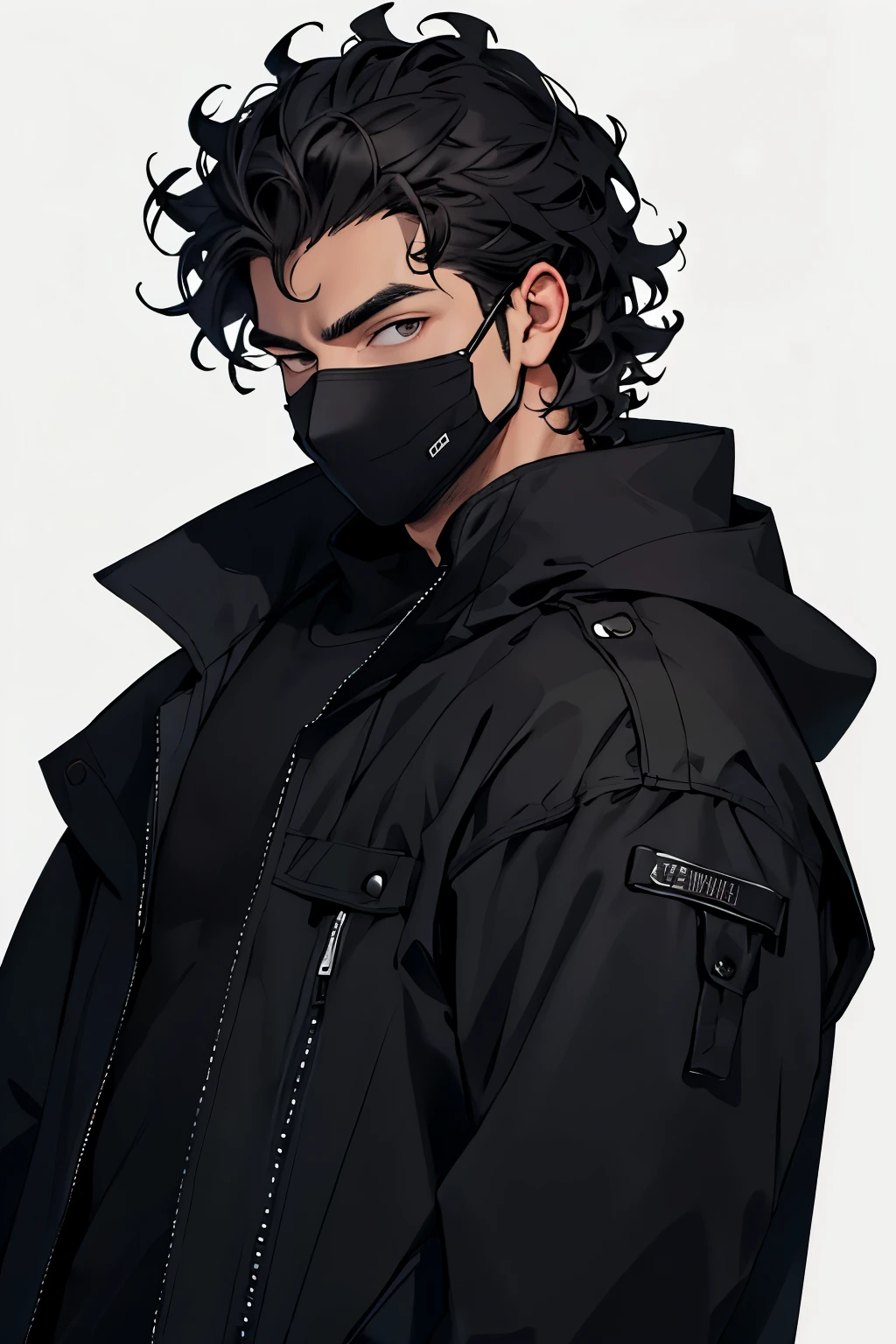 a brown man with curly hair wearing a black mask wearing an all-black coat. on a completely black background, 3x4 style