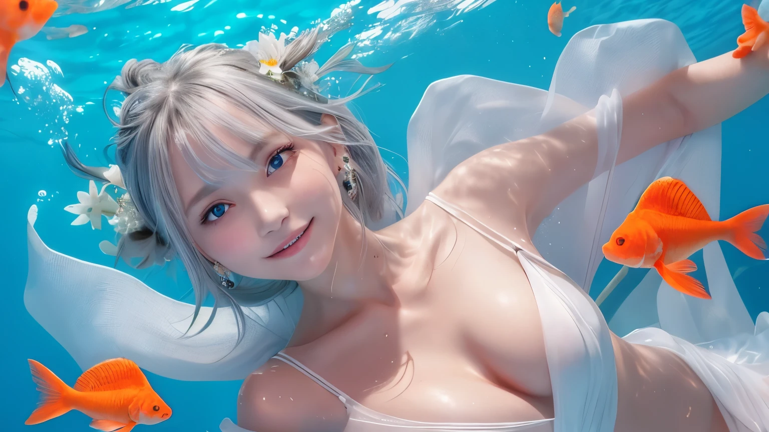 1 girl ,earrings,Goldfish ,precious stones ,sash,underwater ,Goldfish,White flower ,Akame,Behold ,get up, gray hair,clavicle,length、generally、Kamimei、looking at the viewer、white dress、Red Heavenly Woman's Robe、cleavage、close up of smiling face、beautiful eyes