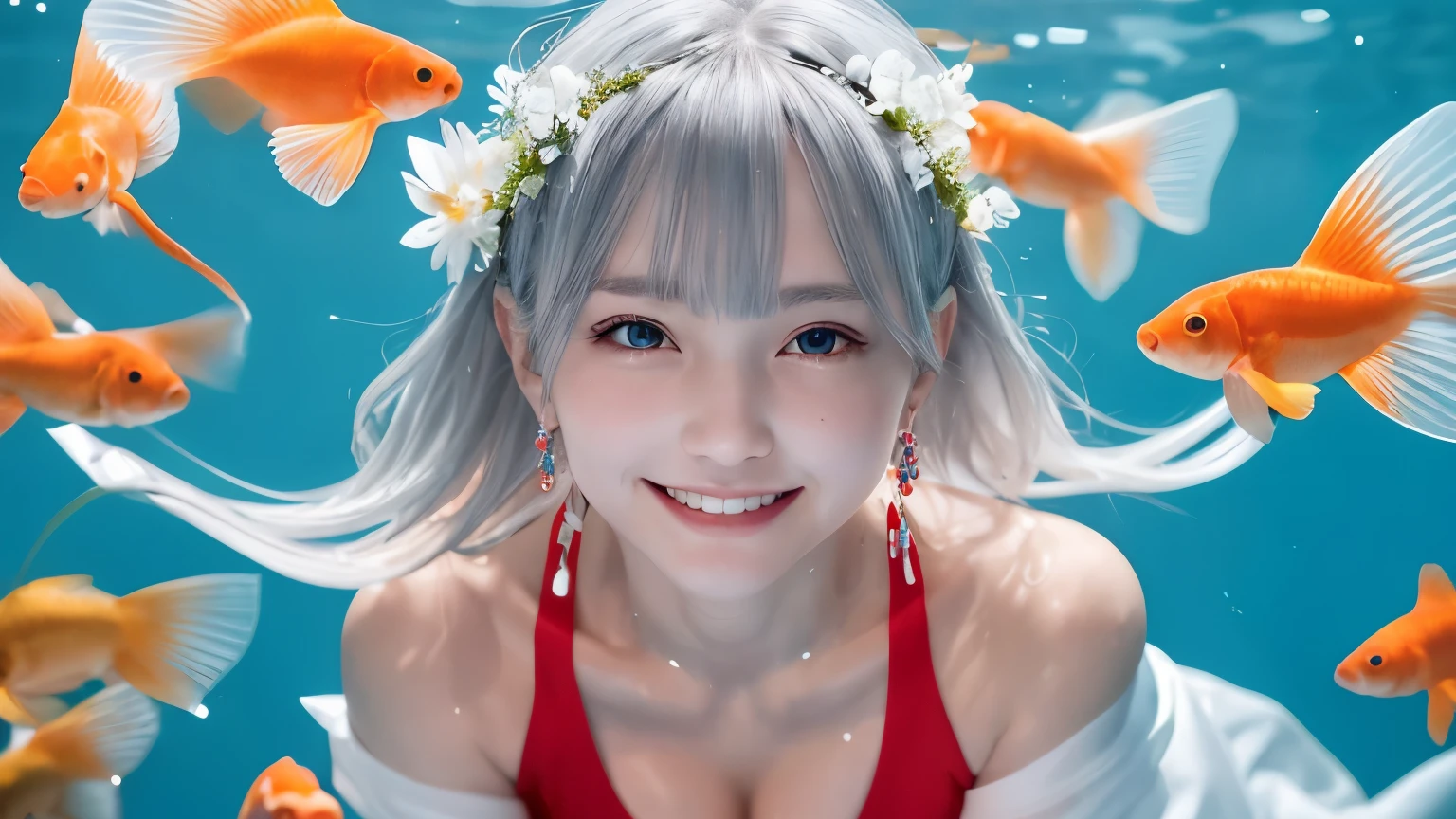 1 girl ,earrings,Goldfish ,precious stones ,sash,underwater ,Goldfish,White flower ,Akame,Behold ,get up, gray hair,clavicle,length、generally、Kamimei、looking at the viewer、white dress、Red Heavenly Woman's Robe、cleavage、close up of smiling face、beautiful eyes