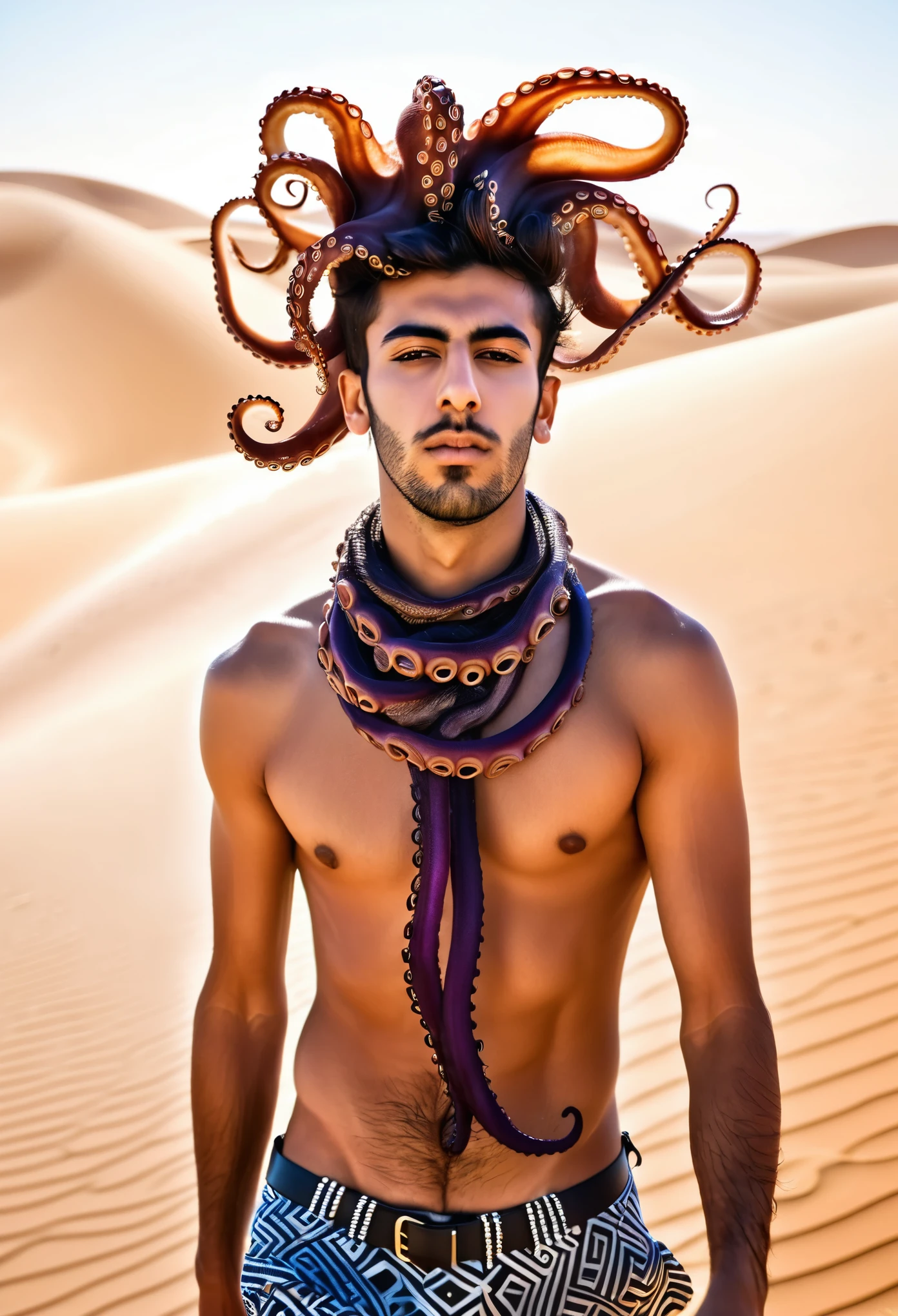 photo of sexy young man, [arab: swedish: 0.60], hairy chest, octopus tentacles on head instead of hair, walking in the desert, wearing designer clothes and accessories, windswept