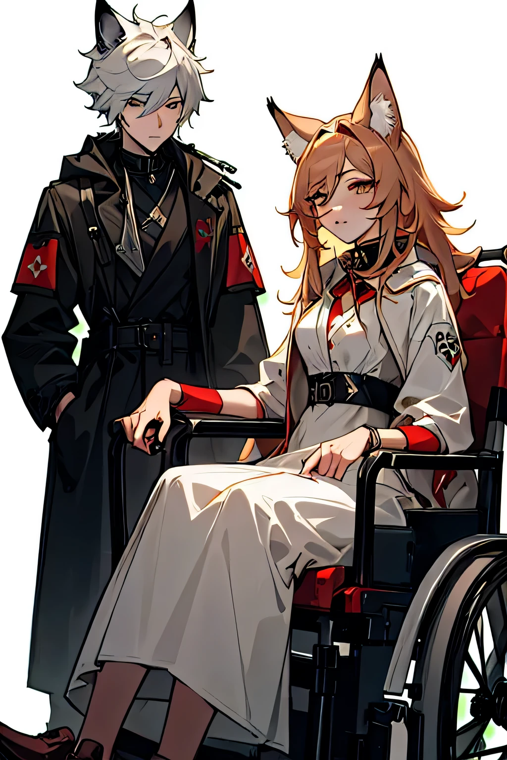 masterpiece,best quality,8k,accurate lighting,1female and 1male,female lynx disabled sitting on advanced wheel chair with male lynx behind her,couple,lynx ear,animal ear,a IV bags and bloodbag infused to female lynx,the male stand behind her
