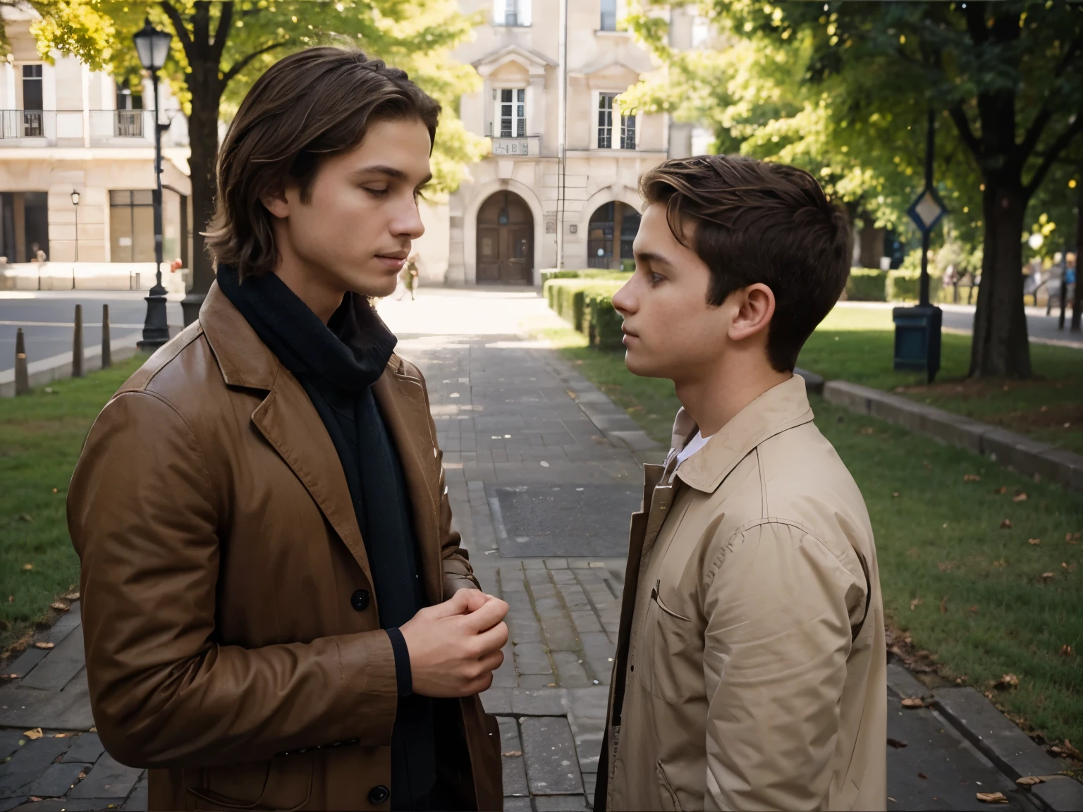 2 young boys face to face, 1 is brown medium length hair dressed light, the other is blond dressed dark, autour d'eux arbre, fontaine.