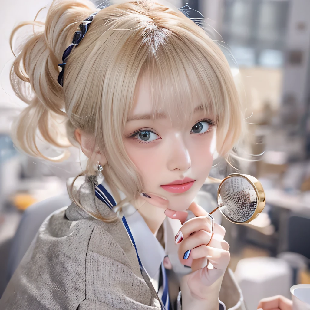 8k）、（best image quality:1.5）、gray background、close up of face、１girl、masterpiece、delicate and sharp eyes、brown eyes、eye power、delicate face、cup、attractive face、platinum blonde hair、Semi-long wave、japanese school uniform、white uniform、Clothing that shows the collarbone、gal、Emphasis on the clavicle、earringeanwhile、