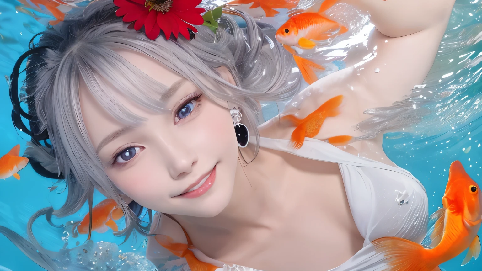 1 girl ,earrings,Goldfish ,precious stones ,sash,underwater ,Goldfish,White flower ,Akame,Behold ,get up, gray hair,clavicle,length、generally、Kamimei、looking at the viewer、white dress、Red Heavenly Woman's Robe、cleavage、close up of smiling face、beautiful eyes