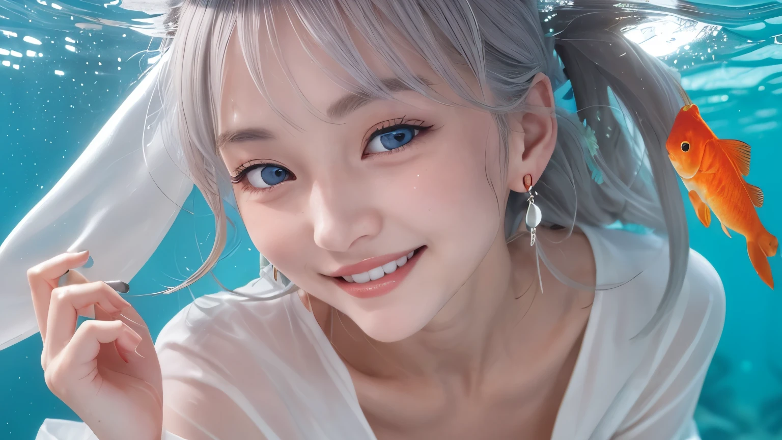 1 lady, smile happily,Bubbling in the mouth,long white hair, bubble,There's a megalodon staring at the woman behind her,underwater photography, underwater perspective, floating underwater, breaststroke,alone, abyss, coral reef, diving, white dress, In weightlessness, ((best quality, 8k, masterpiece: 1.3)),