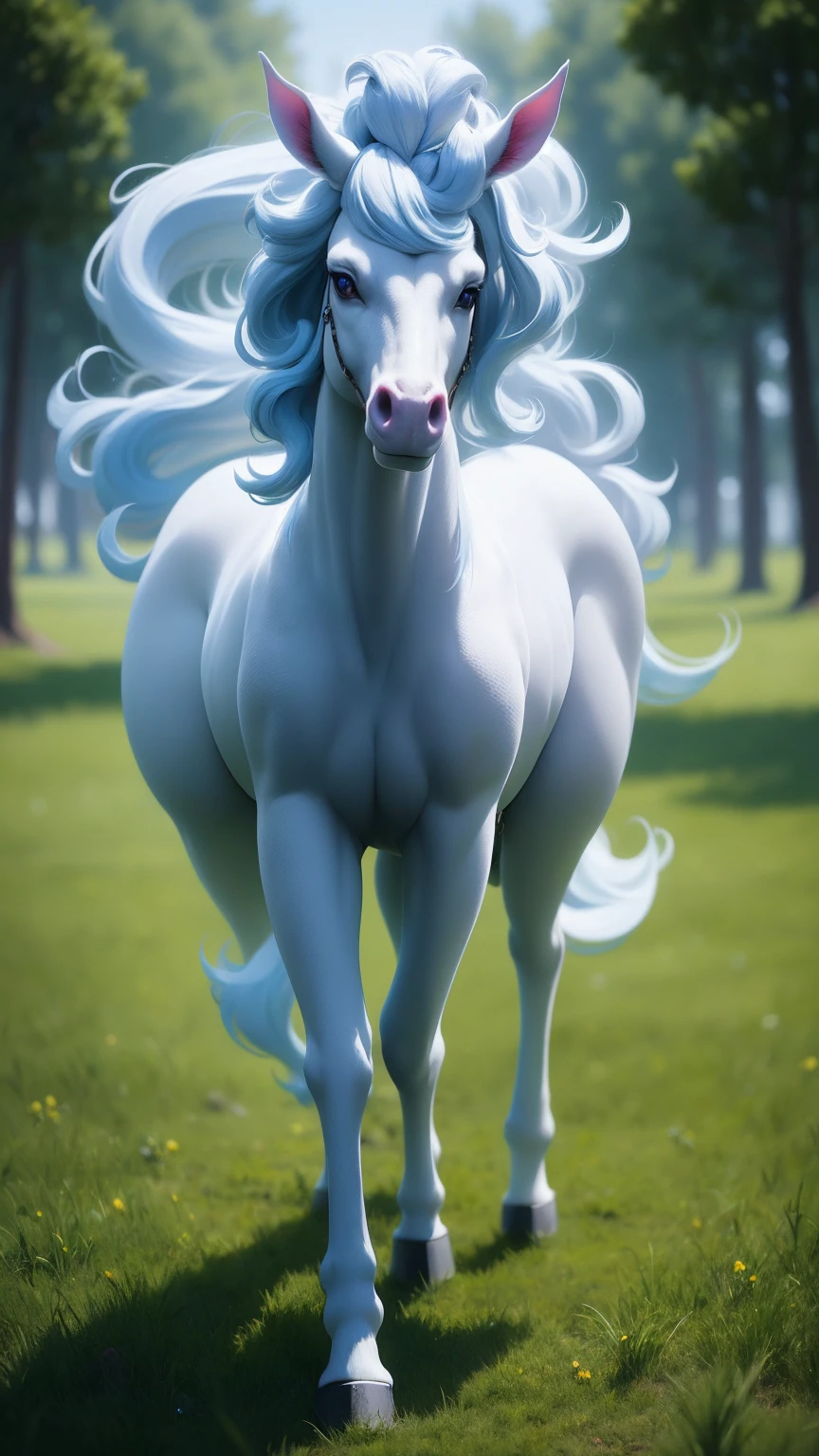 {-erro_de_anatomia:1.0} There is a white unicorn girl, blue mane and long mane, white unicorn, unicorn, unicorn horns, A unicorn, celestia, Nine stories, blue unicorn, soft dreamy, cinematic light《fangs》Unicorn in, mythological creatures, a mythical creature, Pokémon illustration, unicorns, a glaceon princess, Auroracore, ghostly iridescent, image good for rendering, walking on the grass, unicorn girl, full body.