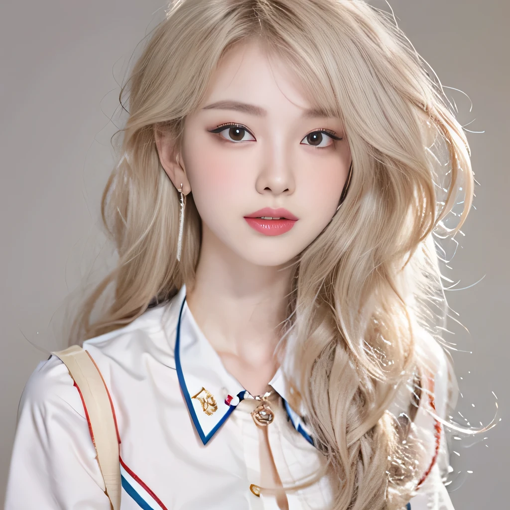 8k）、（best image quality:1.5）、gray background、close up of face、１girl、masterpiece、delicate and sharp eyes、brown eyes、eye power、delicate face、cup、attractive face、platinum blonde hair、Semi-long wave、japanese school uniform、white uniform、Clothing that shows the collarbone、gal、Emphasis on the clavicle、earringeanwhile、